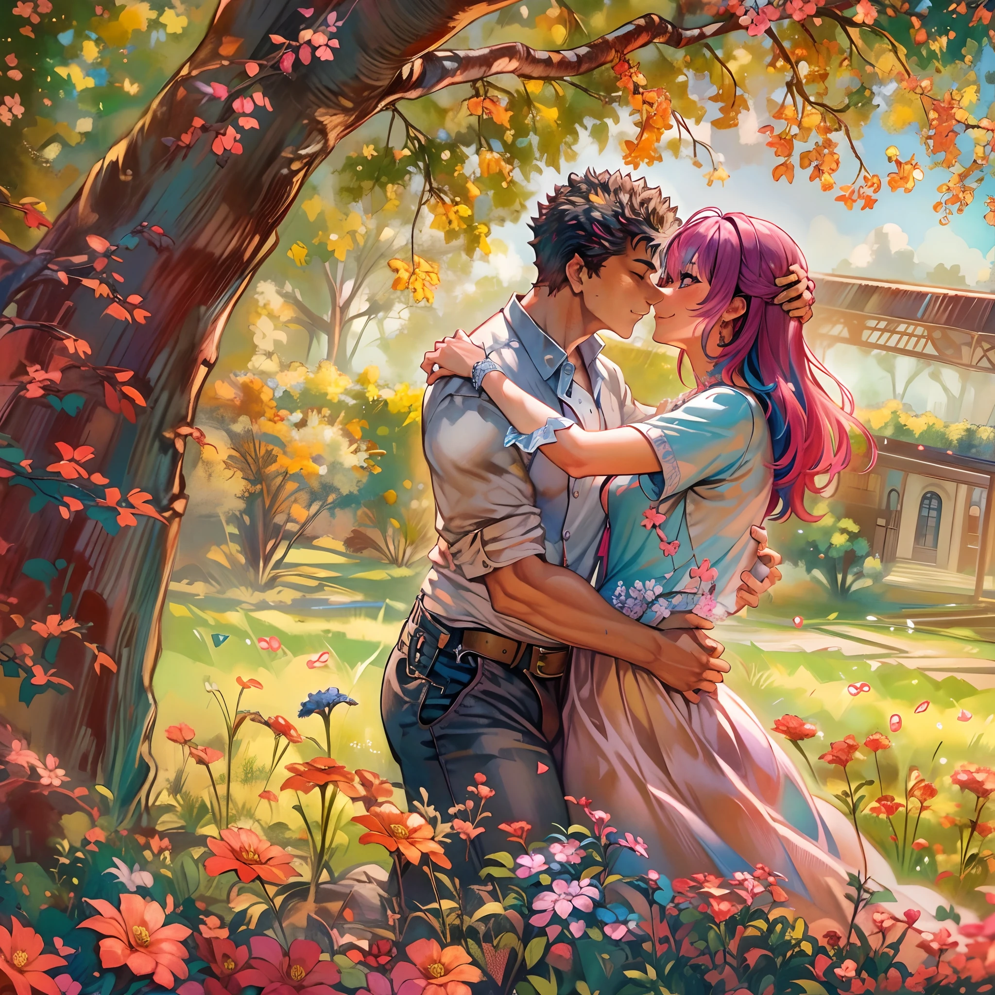 (ultra-detailed, highres, 1.37), (HDR, vivid colors), couple in love, riamu and guts, a beautiful sunny day in the park, husband and wife enjoying a romantic picnic under a shady tree. The couple's affectionate gestures and loving smiles create a heartwarming atmosphere. The sunlight softly illuminates their faces, highlighting their beautiful eyes and joyful expressions. The composition captures a tender moment as the husband leans in to plant a gentle kiss on his wife's cheek. The scene is filled with happiness and love, with colorful flowers in full bloom and a gentle breeze rustling the leaves. The vibrant colors and realistic details bring the image to life, creating a stunning masterpiece that perfectly captures the essence of a blissful couple's love and affection.