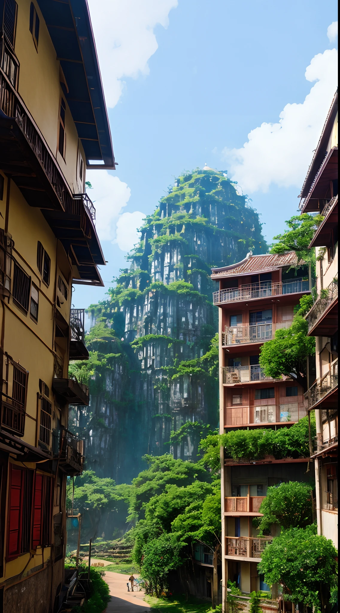 A Huge Vietnam Old Apartment Building by Howl's Moving Castle Ghibli, by Miyazaki, Nausicaa Ghibli, Breath of The Wild, epic composition