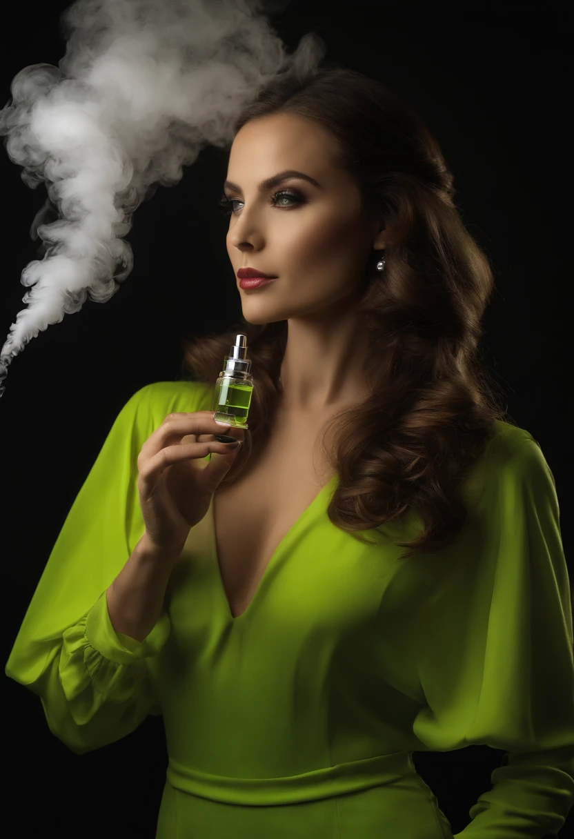 A captivating portrait of a Russian woman in her 20s with long hair and a perfect body is showcased in this photograph. She is dressed in a stylish lime green color seducing short top and is holding a ((very small vape device)) in one had for an advertisement photo shoot. The setting is a very dark studio with studio light effects, with a cloud of smoke surrounding her, creating a mysterious and alluring atmosphere. The photograph is part of a vape commercial photoshoot, emphasizing the realistic skin and bokeh effect that brings the viewer's focus to the woman and the product she is holding. With a confident gaze, she looks directly at the camera, making a connection with the viewer and inviting them to explore the world of the product being advertised.