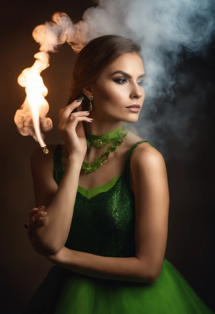 A captivating portrait of a Russian woman in her 20s with long hair and a perfect body is showcased in this photograph. She is dressed in a stylish lime green color seducing short top and is holding a ((very small vape device)) in one had for an advertisement photo shoot. The setting is a very dark studio with studio light effects, with a cloud of smoke surrounding her, creating a mysterious and alluring atmosphere. The photograph is part of a vape commercial photoshoot, emphasizing the realistic skin and bokeh effect that brings the viewer's focus to the woman and the product she is holding. With a confident gaze, she looks directly at the camera, making a connection with the viewer and inviting them to explore the world of the product being advertised.