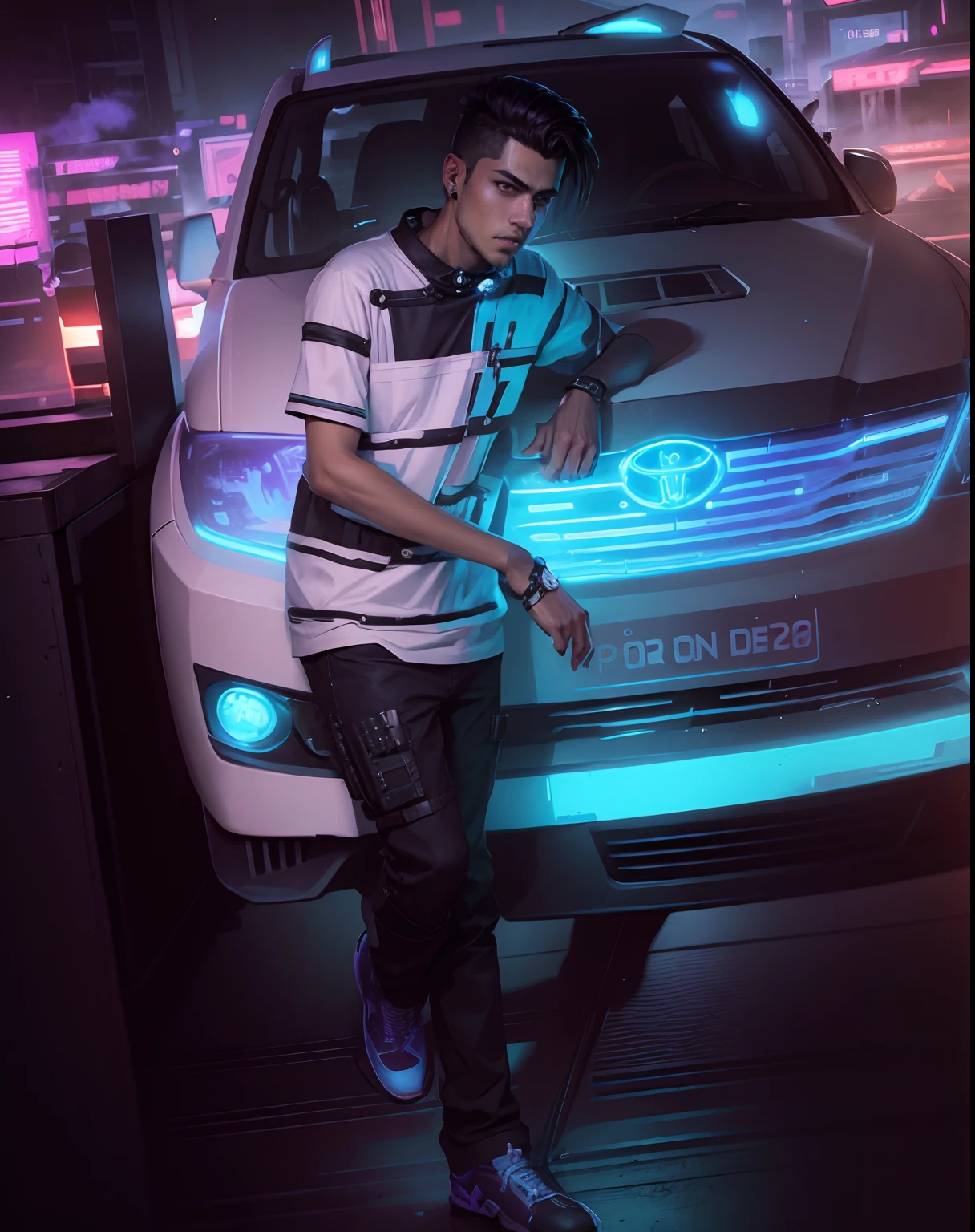 Change the background cyberpunk handsome boy realistic face