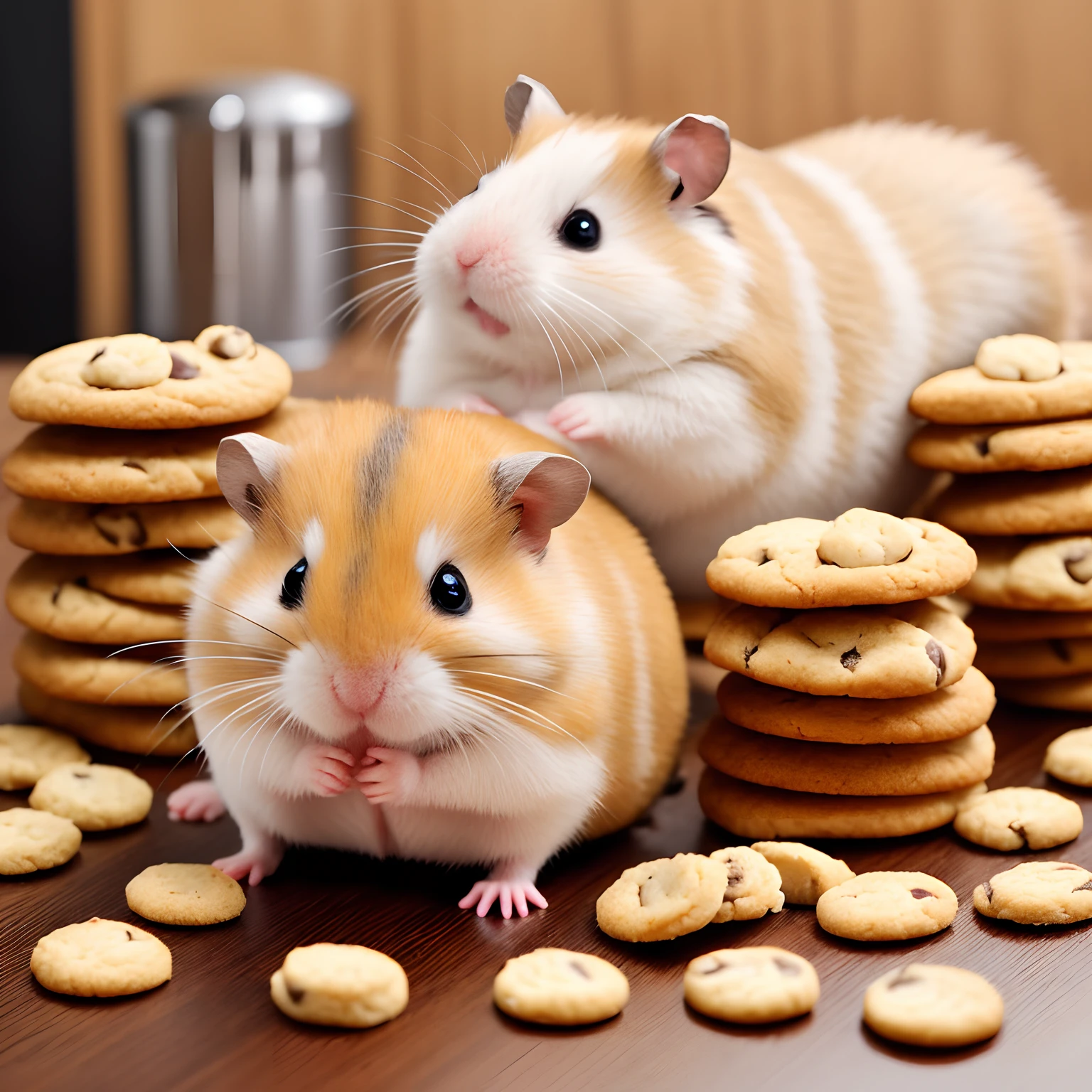 Chibi,hamster,Cartoon fat hamster eats cookies,sittiing,Aggressive eyes,Detailed body, Background Kitchen Hood,Cute face,Cookie Retention,