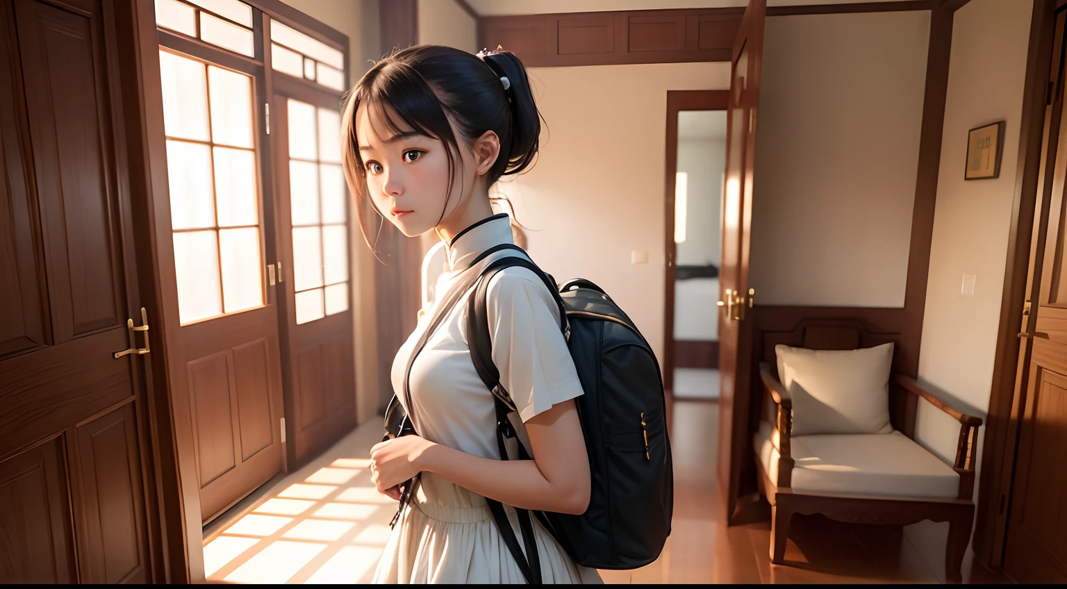 17 year old girl with low ponytail,Dress modestly,The expression is amazed,Carrying a rucksack,Luxury villa inside,Chinese furniture