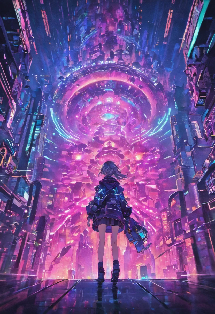 "Cyberpunk-inspired immersion, A world of neon lights, Be mesmerized by the surreal spectacle of planets dominating the skies, Full of captivating digital artistry.