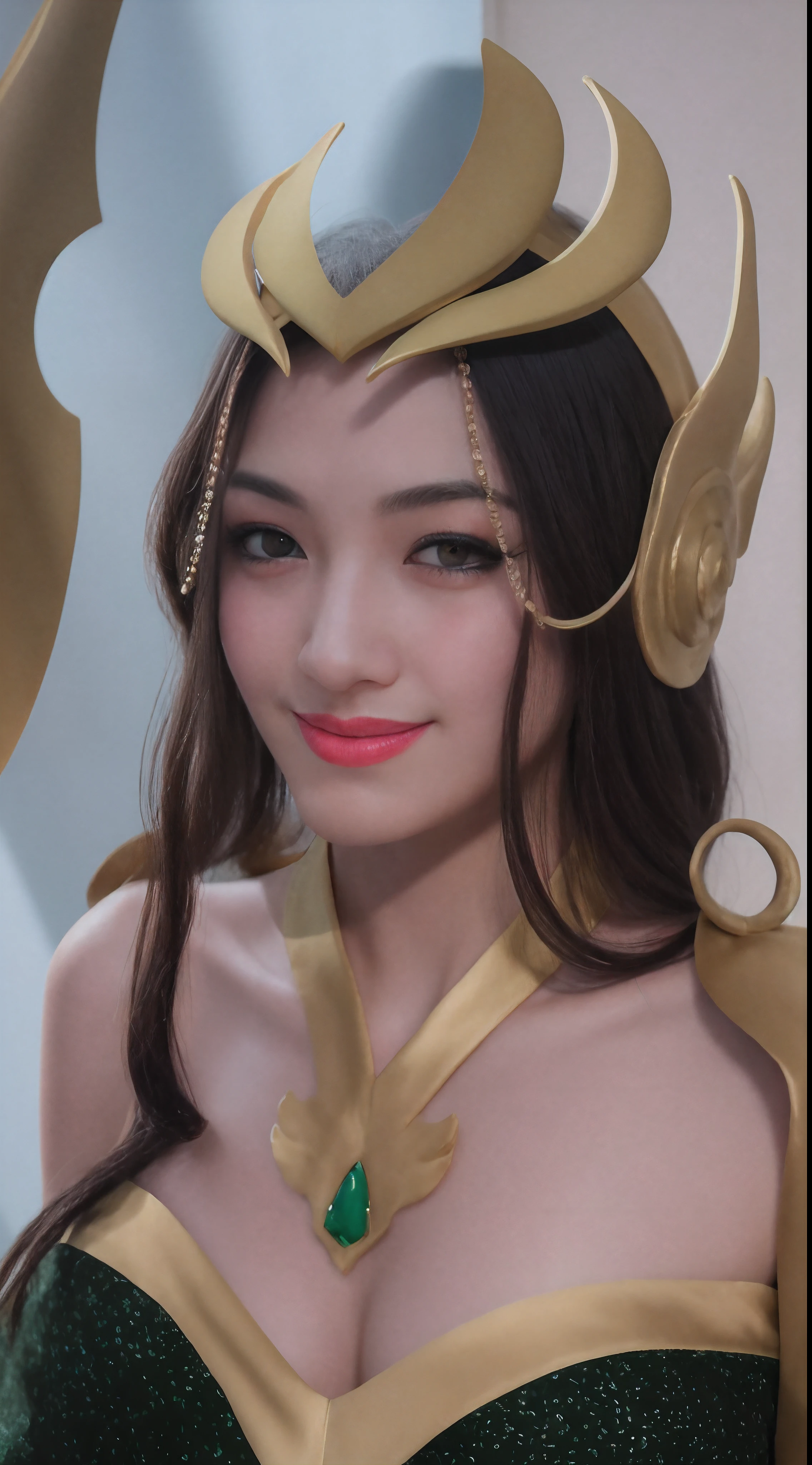 High quality image, masterpiece, detailed hair texture, detailed skin texture, detailed cloth texture, 8k, add fabric details, ultra detailed skin texture, ultra detailed photo, skin pores, cloth details, high skin details, realistic hair details, araffe dressed in a green and gold costume with horns, artgerm. high detail, extremely detailed artgerm, ig model | artgerm, ruan jia and artgerm, artgerm detailed, wlop and artgerm, artgerm portrait, artgerm and wlop, artgerm jsc, artgerm lau