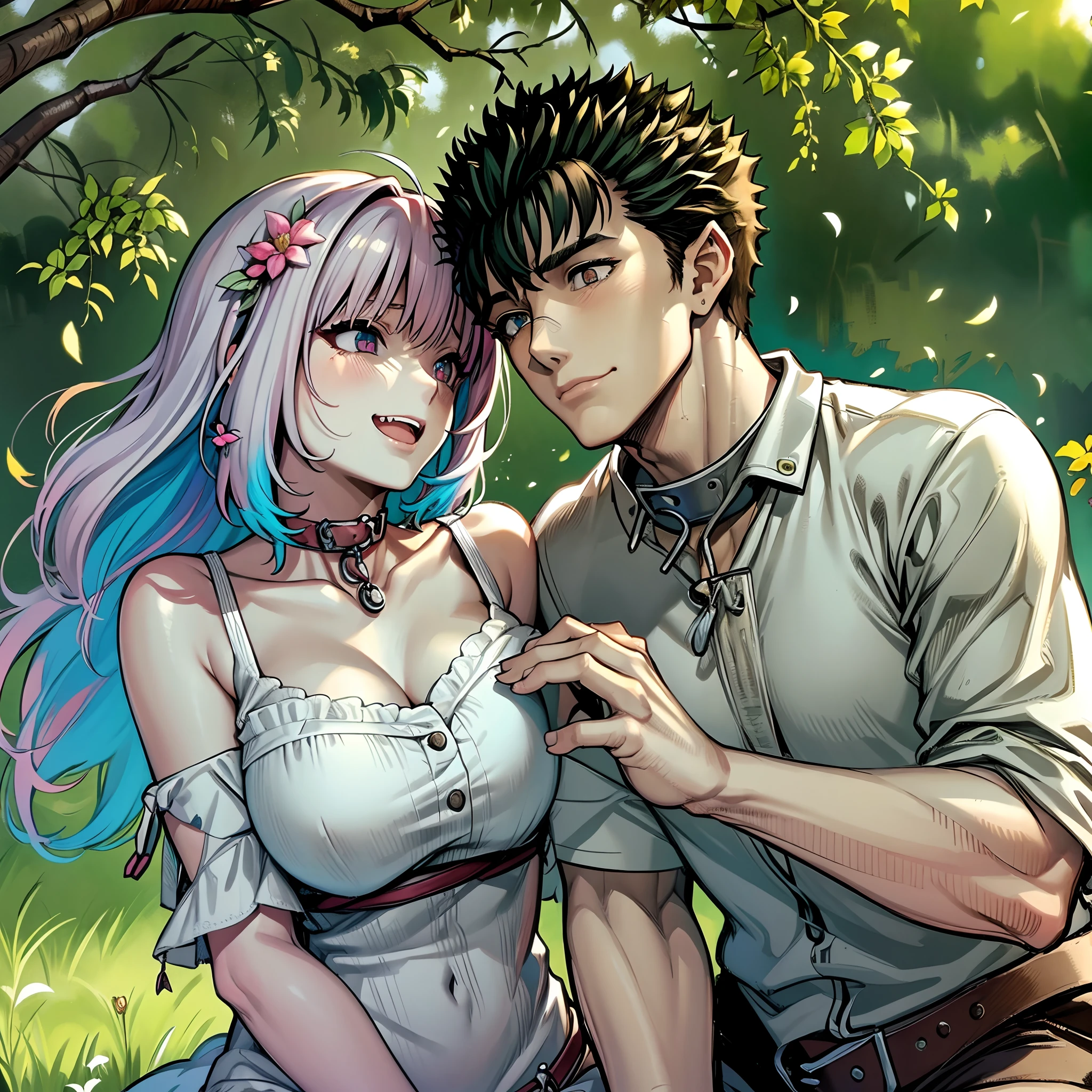 (ultra-detailed, highres, 1.37), (HDR, vivid colors), couple in love, riamu and guts, a beautiful sunny day in the park, husband and wife enjoying a romantic picnic under a shady tree. The couple's affectionate gestures and loving smiles create a heartwarming atmosphere. The sunlight softly illuminates their faces, highlighting their beautiful eyes and joyful expressions. The composition captures a tender moment as the husband leans in to plant a gentle kiss on his wife's cheek. The scene is filled with happiness and love, with colorful flowers in full bloom and a gentle breeze rustling the leaves. The vibrant colors and realistic details bring the image to life, creating a stunning masterpiece that perfectly captures the essence of a blissful couple's love and affection.