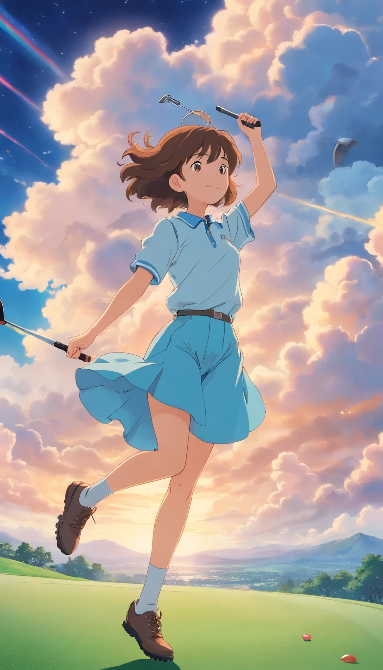 masterpiece、top-quality、Movie stills、1girl in、Cloud Girl、floating in sky、a closeup、发光、Happiness、Warm and soft lighting、golf course、(Spark:0.7)、Brown hair、golf