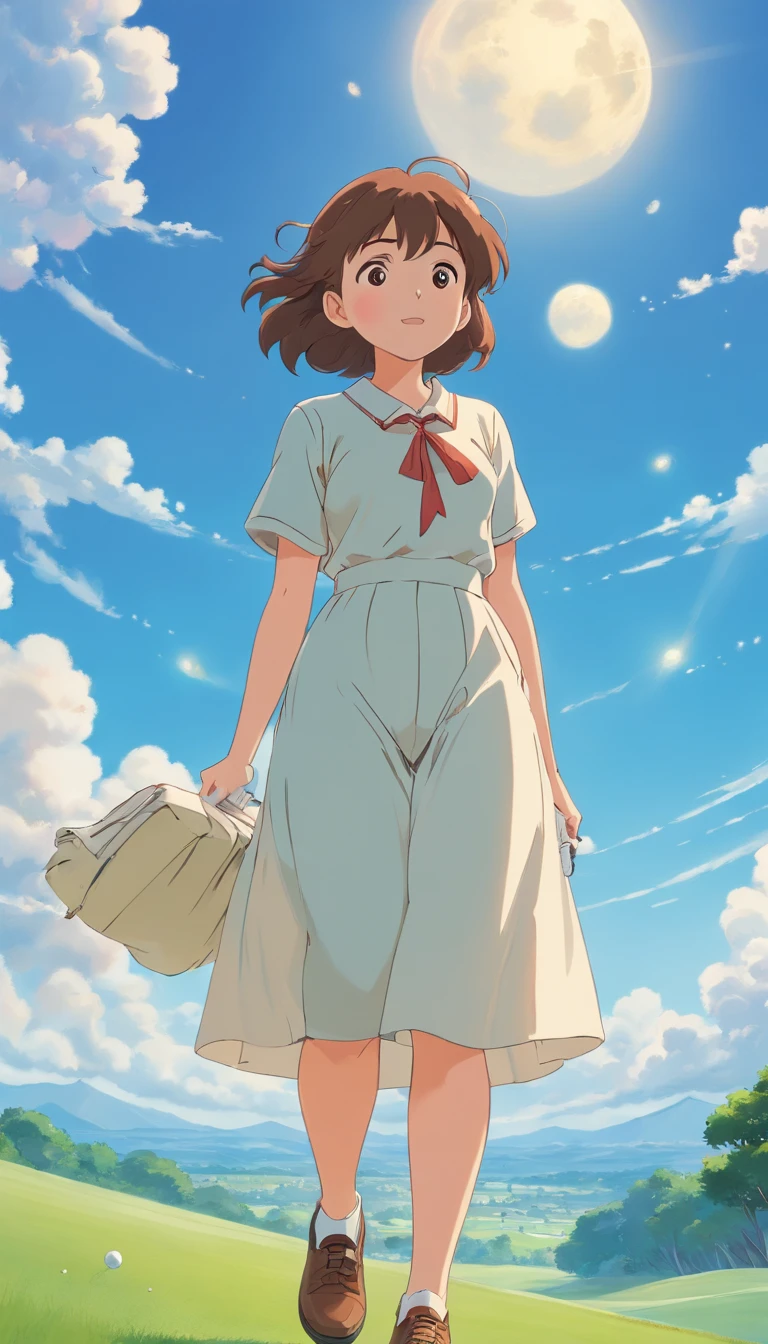 masterpiece、top-quality、Movie stills、1girl in、Cloud Girl、floating in sky、a closeup、发光、Happiness、Warm and soft lighting、golf course、(Spark:0.7)、Brown hair、golf