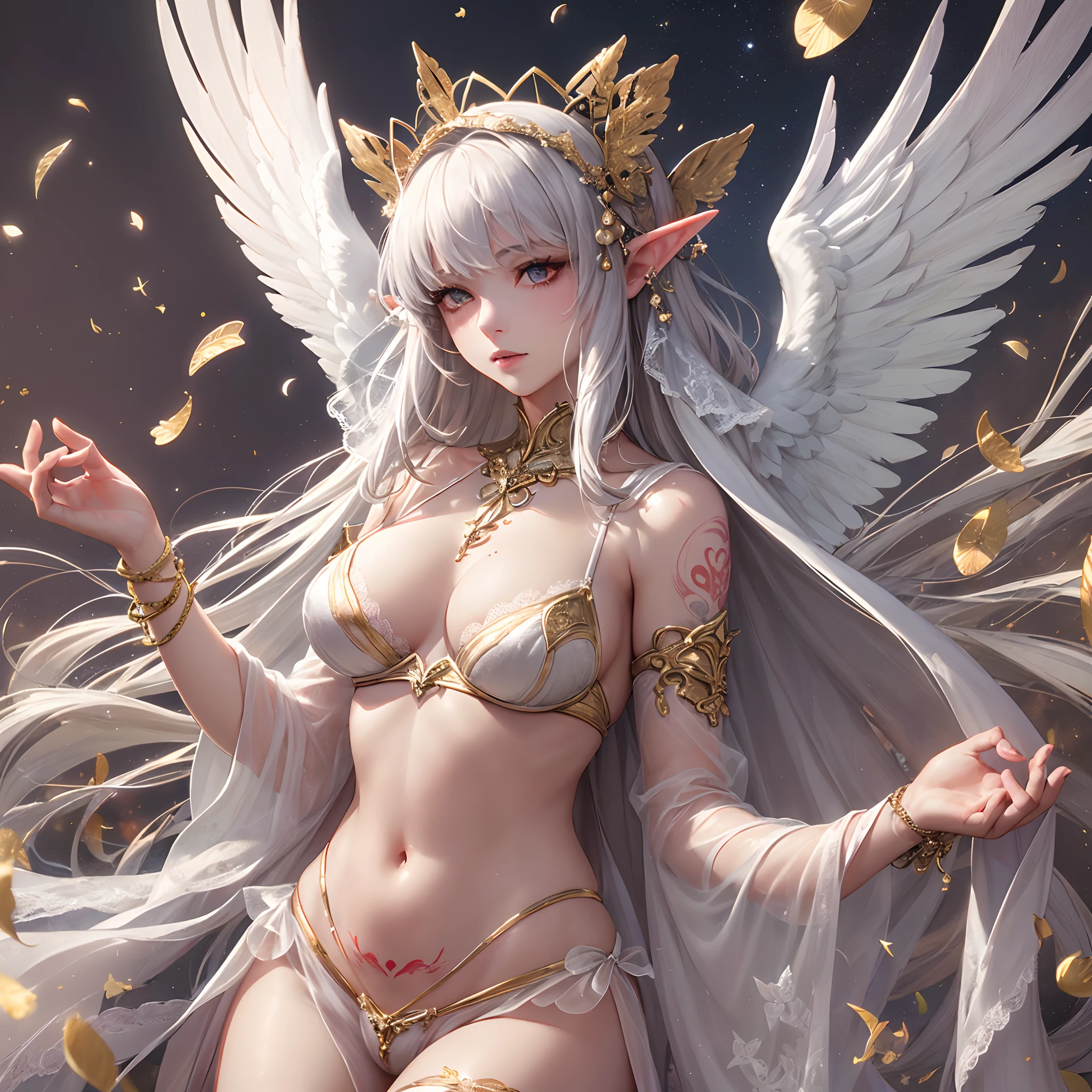 Sisters, Milky Way, Crescent Moon, Meteor Shower, Silver Hair, Feathered Angel Wings, Elven Ears, Transparent Finish, Realistic Body Lines, (((Many long white lace veils flutter in the wind))),((Red tattoo with womb under the navel))))), (Silk gold and silver lingerie), ((((Dirty crest)))