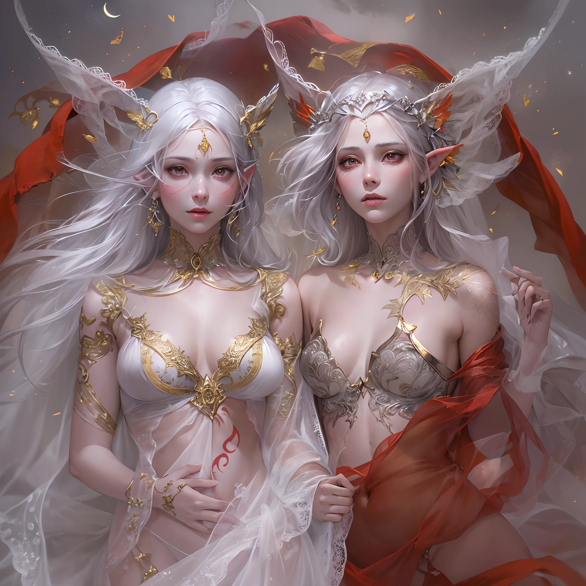 Sisters, Milky Way, Crescent Moon, Meteor Shower, Silver Hair, Feathered Angel Wings, Elven Ears, Transparent Finish, Realistic Body Lines, (((Many long white lace veils flutter in the wind))),((Red tattoo with womb under the navel))))), (Silk gold and silver lingerie), ((((Dirty crest)))