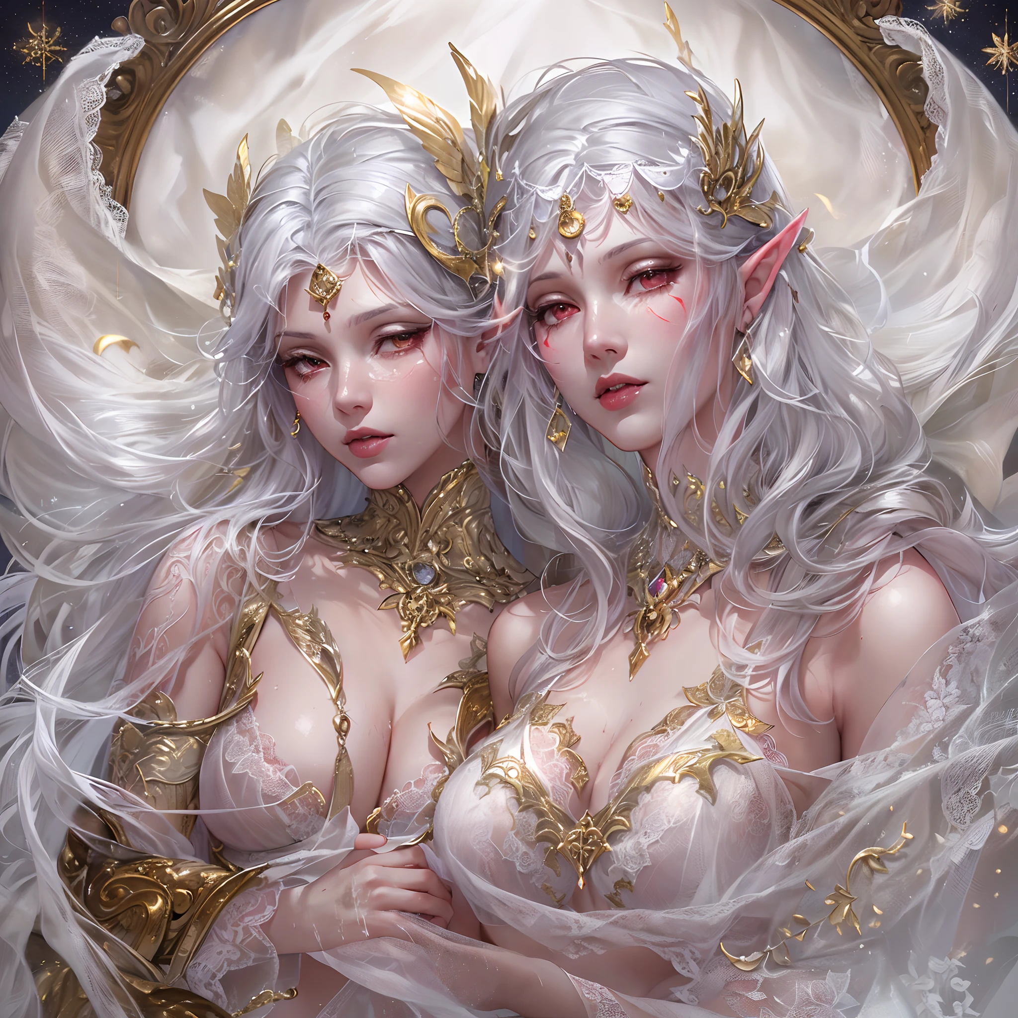 Sisters, Milky Way, Crescent Moon, Meteor Shower, Silver Hair, Feathered Angel Wings, Elven Ears, Transparent Finish, Realistic Body Lines, (((Many long white lace veils flutter in the wind))),((Red tattoo with womb under the navel))))), (Silk gold and silver lingerie), ((((Dirty crest)))