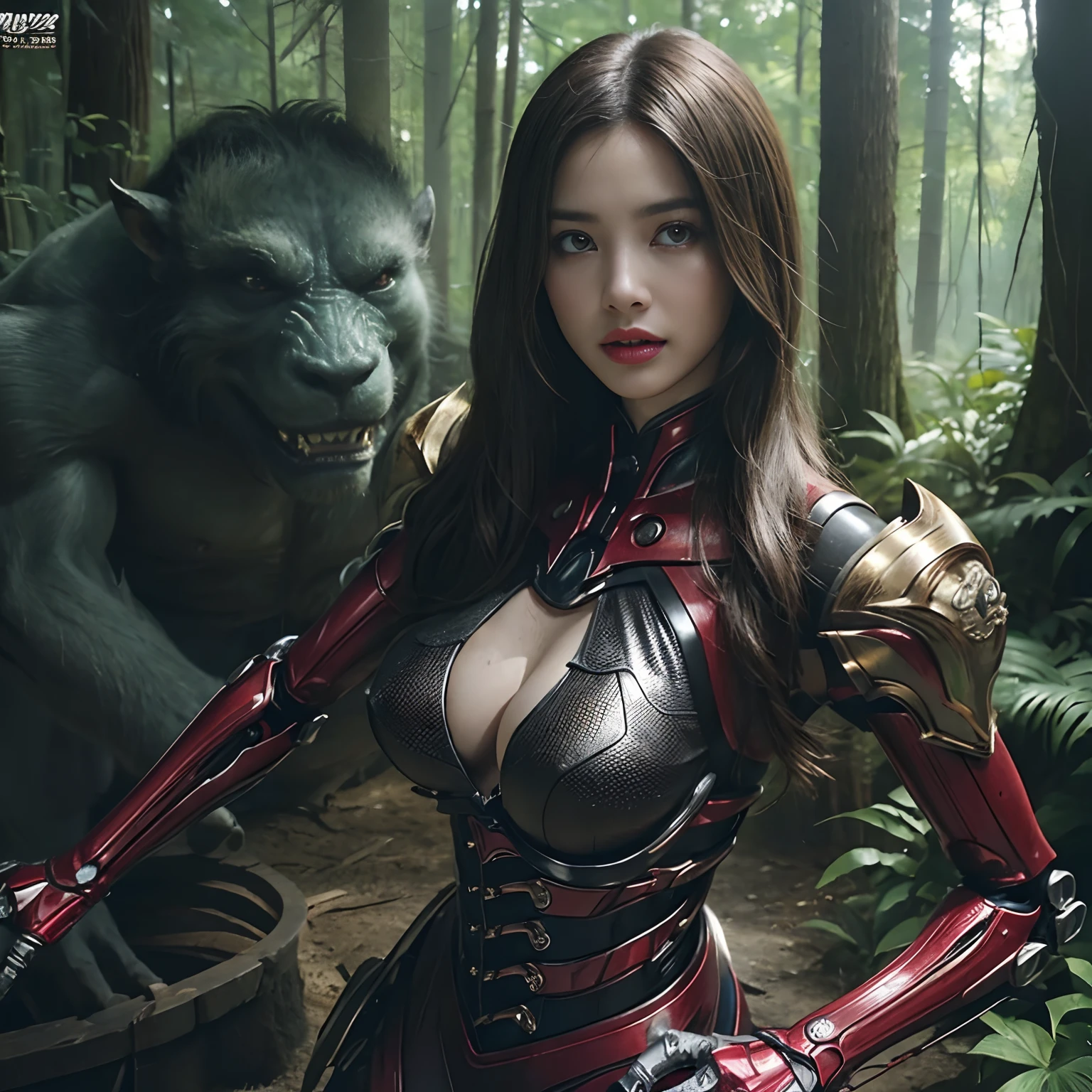 (1 Mechanical Girl)、top-quality、​masterpiece、超A high resolution、(Photorealsitic:1.4)、Raw photo、女の子1人、Fight mutants、glowy skin、(((1 Mechanical Girl)))、With a beautiful knife、（Yellow Metal Bodysuit）、(Kobold、ogre、Fierce battle with orcs),（Fight fiercely against aliens）、Fight fiercely、(beautiful forest background)、(Fighting Demonic Beasts)、(Small LED)、((super realistic details))、portlate、(Strong giant demon beast background),globalillumination、Shadow、octan render、8K、ultrasharp、Colossal tits、Raw skin is exposed in cleavage、metals、Details of complex ornaments、Japan details、highly intricate detail、Realistic light、(Mystical expression),CGSoation Trends、Red Eyes、radiant eyes、Facing the camera、neon details、(Mechanical limbs)、(blood vessels connected to tubes)、Mechanical vertebrae attached to the back、mechanical cervical attaching to neck、(Wires and cables connecting to the head)、Gundam、Small LED、,Mechanical thighs、Toostock、（Hands are also made of machines）、（Attack of the Monster Beasts）、（Wounded in a deadly battle）、