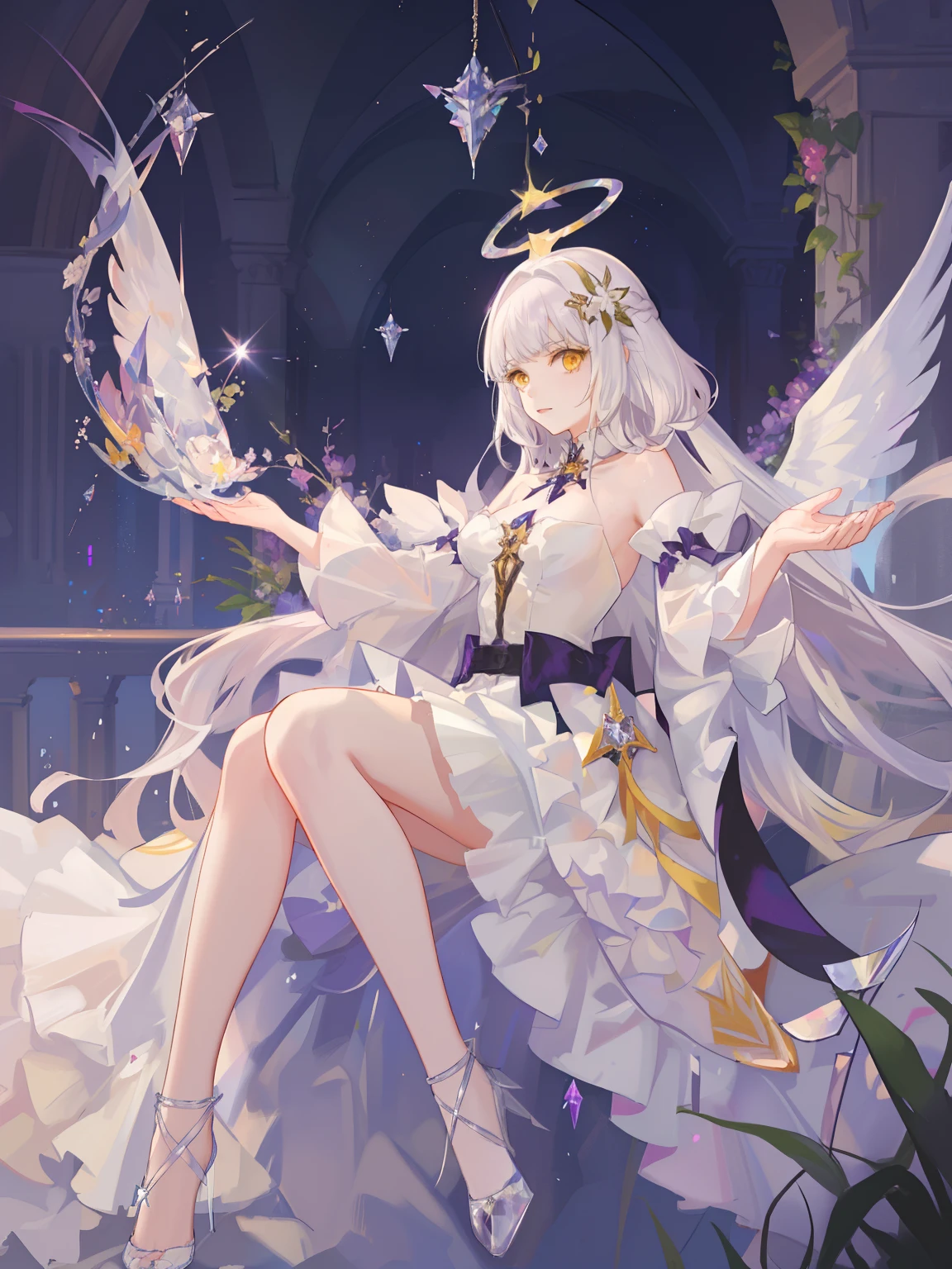 Anime game Arcane Garden's of the Great White Empire - Girl, pale yellow hair, long hair, bright yellow eyes, purple eyeliner, light white dress, yellow diamond pattern on the dress, yellow pattern on the dress, sad, looking at the viewer, purple necklace, lace belt on the leg, purple ribbon in the hair , yellow crystal wings, hexagonal crystals, abandoned palace balcony, crystal plants, sunset rays, halo