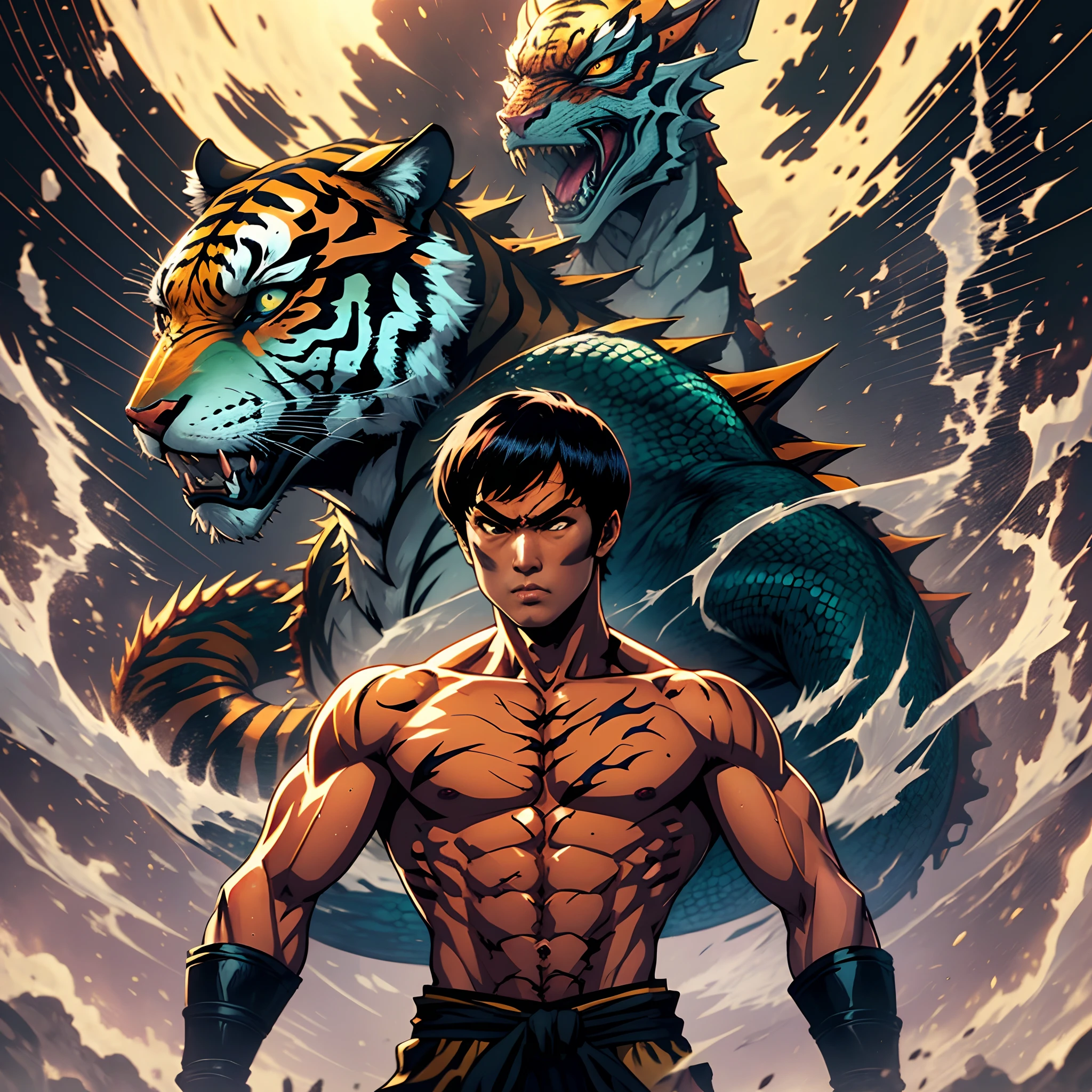 Bruce Lee with dragon mask doing fighting pose looking ahead, With a tiger and a dragon staring at each other in the background, estilo anime --auto --s2