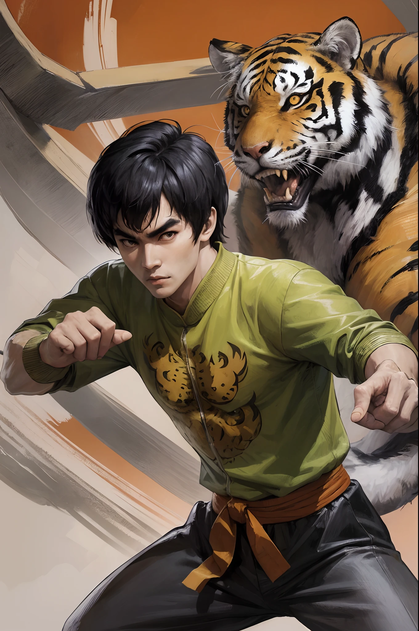 Bruce Lee with dragon mask doing fighting pose looking ahead, With a tiger and a dragon staring at each other in the background, estilo anime --auto --s2
