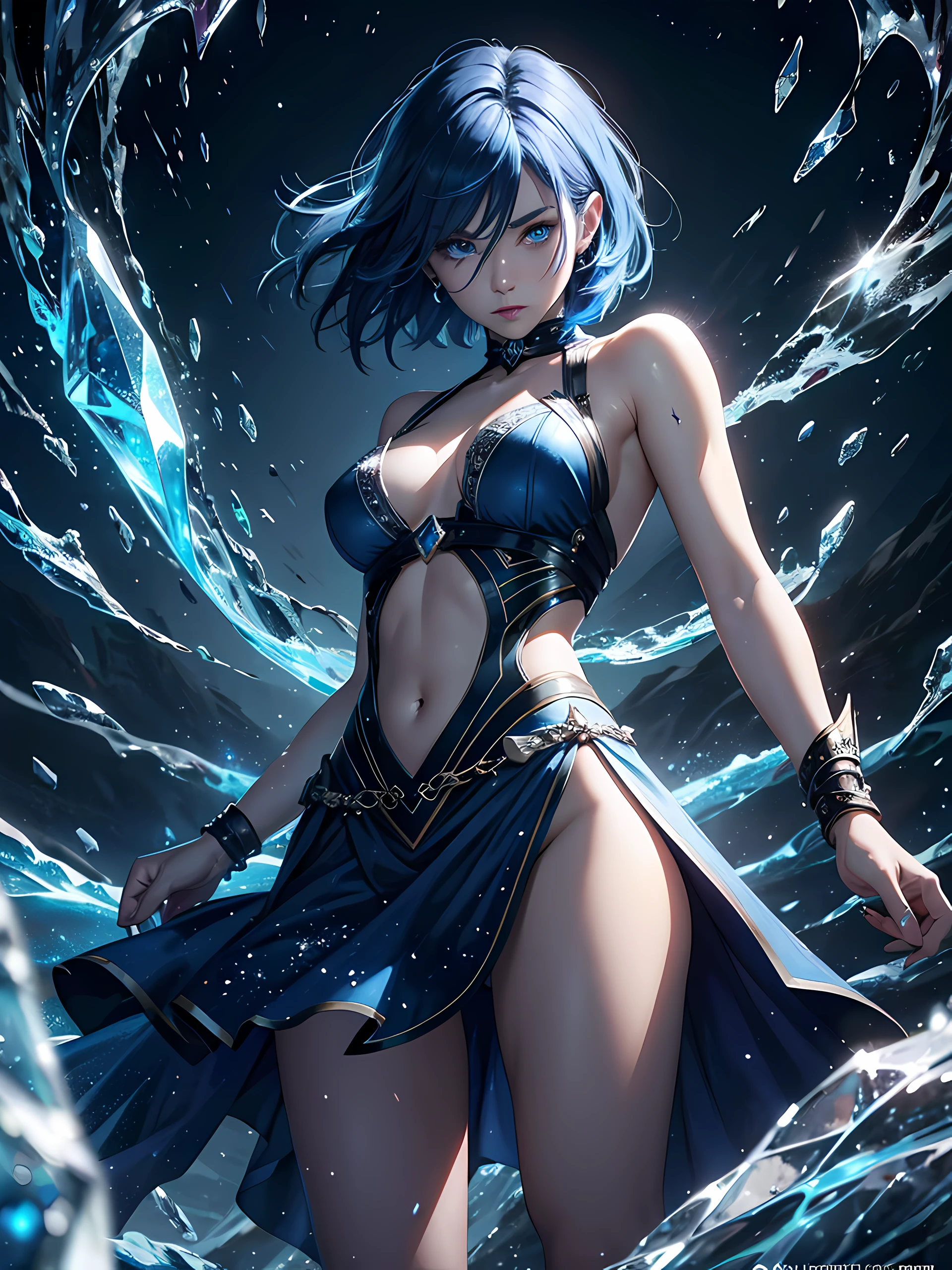 Top quality, Photorealistic, 8K, High Definition, absurd res, high res, ultra sharp, masterpiece, (masterpiece), best quality, expressive eyes, perfect face, Super eyes, masterpiece, highly detailed exquisite character art, epic fantasy digital art style, detailed digital 2d fantasy art, ultra-realistic, young female Asian, cryomancer, glowing eyes, bob cut hair, fighting, blue lipstick, cozy anime, long nails, jewelry., ice-flurry, snow, ice-shard, ice, crystal, magic, cryokinesis, dynamic pose, fighting stance, casting spell,
