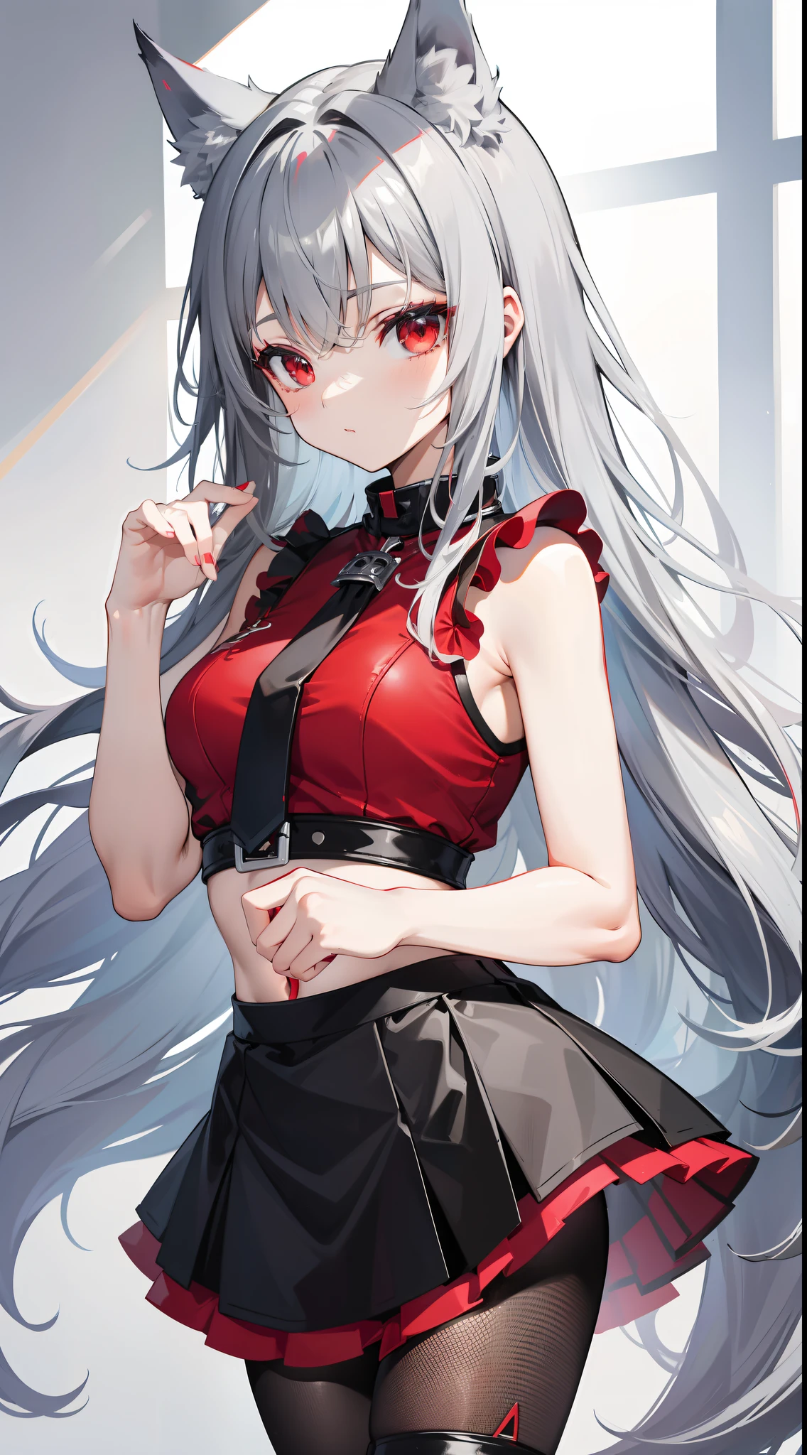 adult girl, Medium length gray hair, Red eyes, Wolf ears, Red tight top, Sleeveless, fishnet tights, Leather skirt, Masterpiece, hiquality