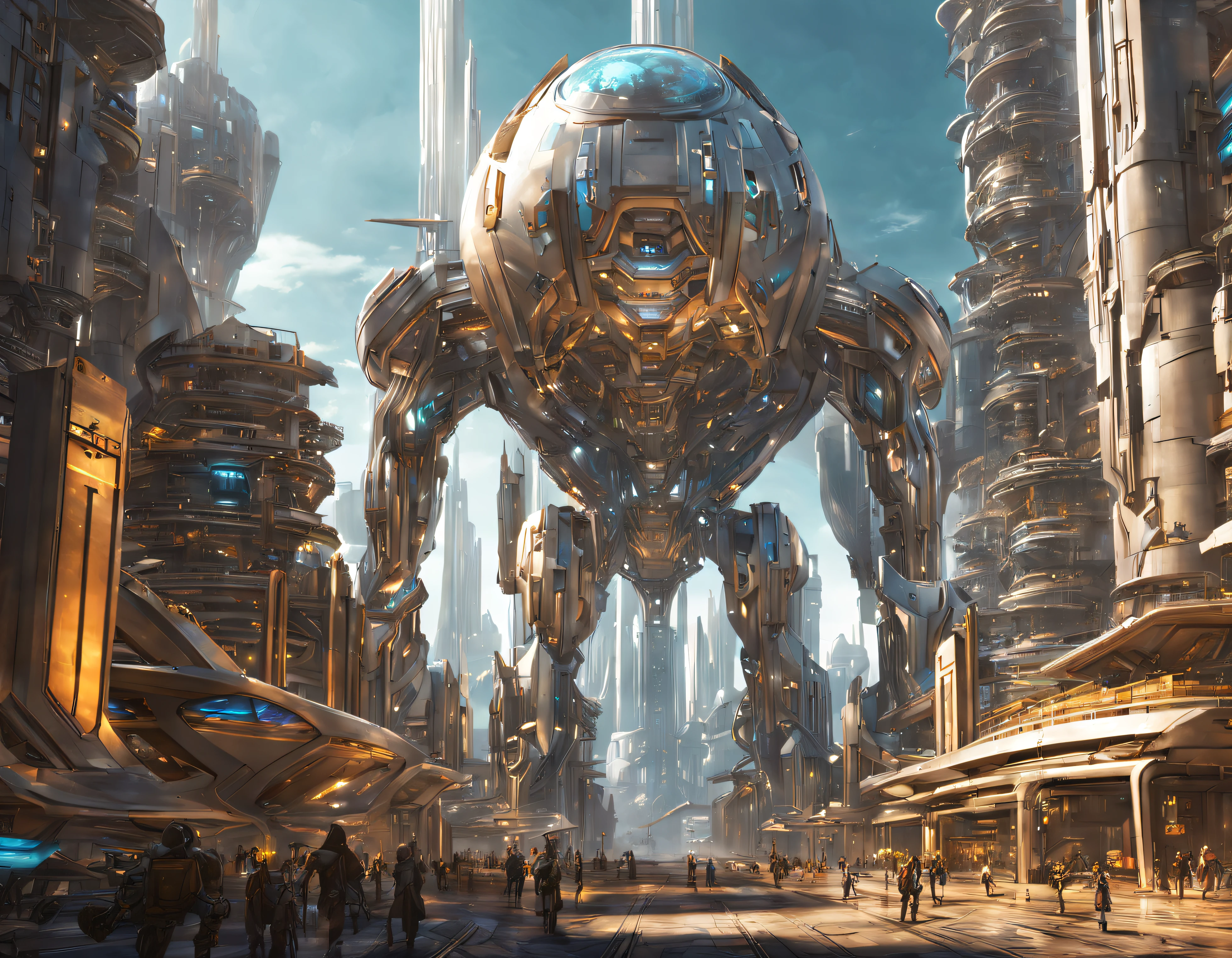 On an unknown planet there is a futuristic city with immense buildings of technological design, con estructuras acristaladas en plata, oro y bronce y maquinarias espectaculares en la que sobrevive un robot femenino espectacular. con colores vivos.