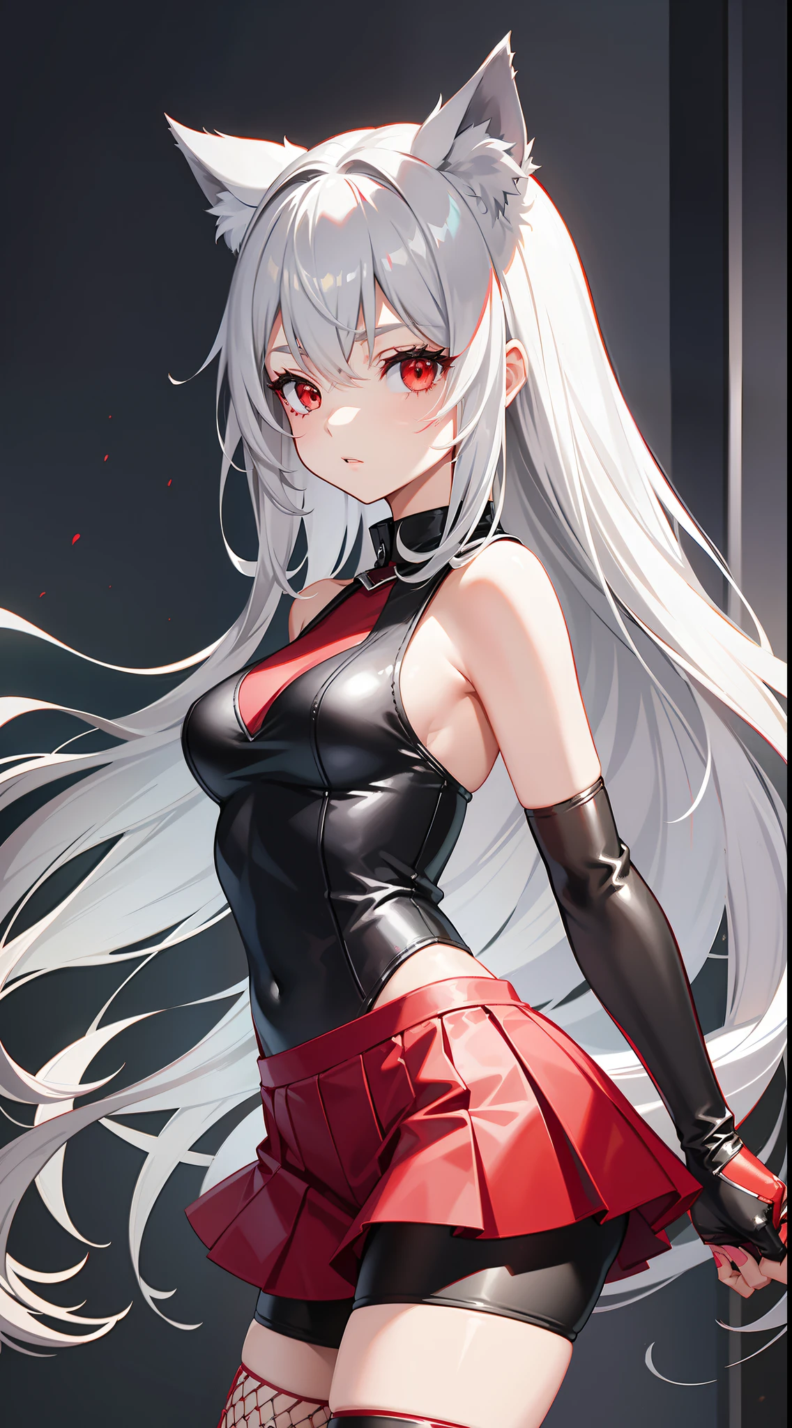 adult girl, Gray hair of medium length, red eyes, wolf ears, Red tight top, Sleeveless, fishnet tights, leather skirt, Masterpiece, hiquality