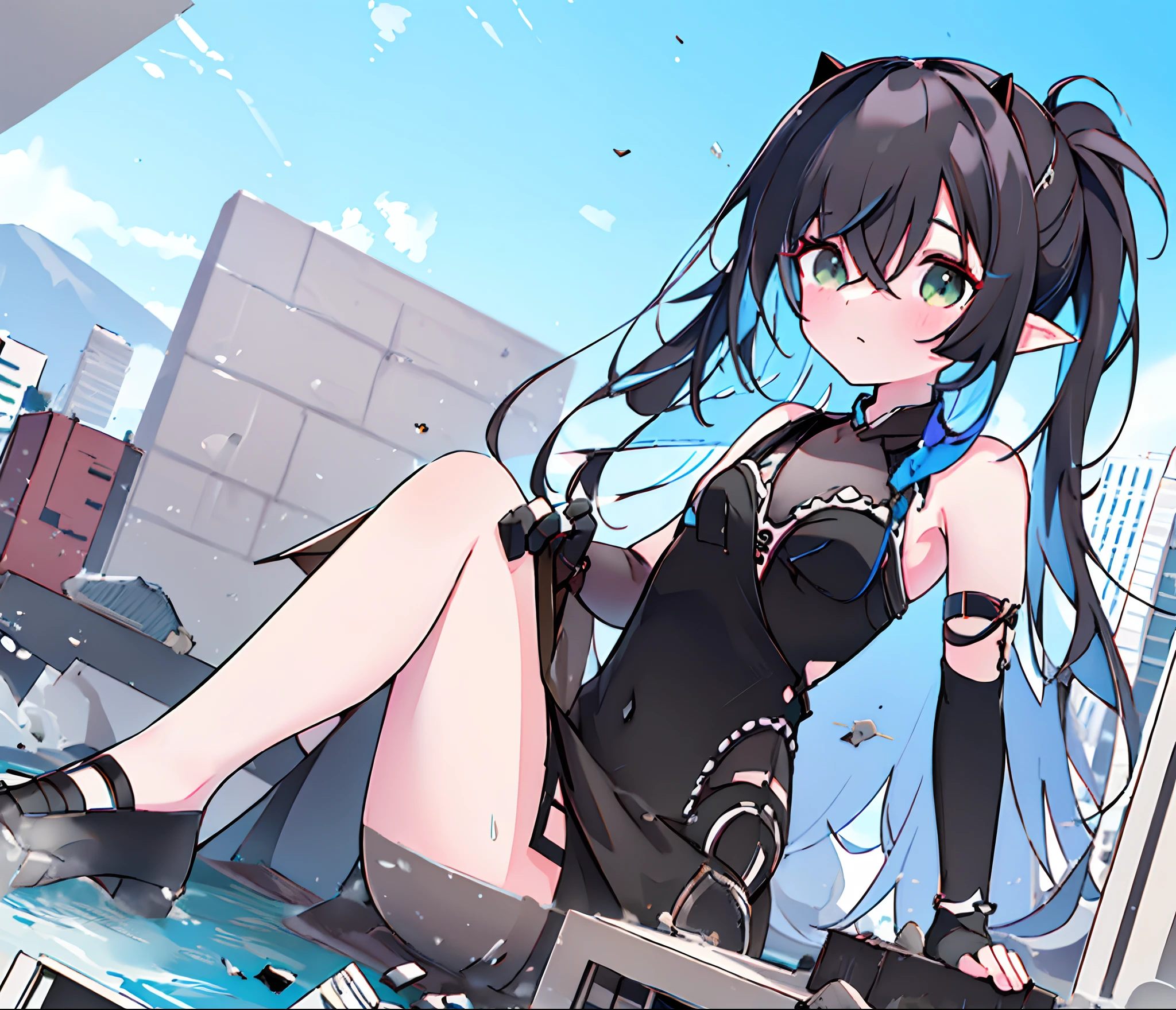 ((Masterpiece,Best quality)), 4K, A high resolution,1girll,A giantess,Giantess, City of Miniature,Small lake, Destroyed buildings, Solo, full bodyesbian, Black dress, Elbow gloves, Fingerless gloves, Sleeveless, Horns, Tail, thigh band, Sitting, Outdoors,