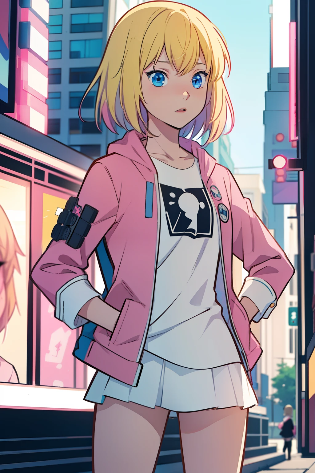 solo, 1girl, (masterpiece), ((16 year old appearance)), Blonde hair, Medium hair, blue eyes, modern anime style, anime girl named lucy, anime visual of a cute girl , anime visual of a cute girl, ig studios anime style, gwen stacy, small breasts, pink jacket with white details and black shirt, pink skirt, cyberpunk city, nigth, hands in pockets