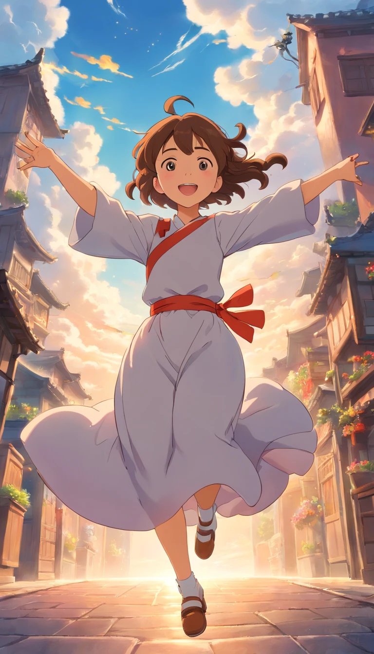 masterpiece、top-quality、Movie stills、1girl in、Cloud Girl、floating in sky、a closeup、发光、Happiness、Warm and soft lighting、street、(Spark:0.7)、Brown hair、dance、dance