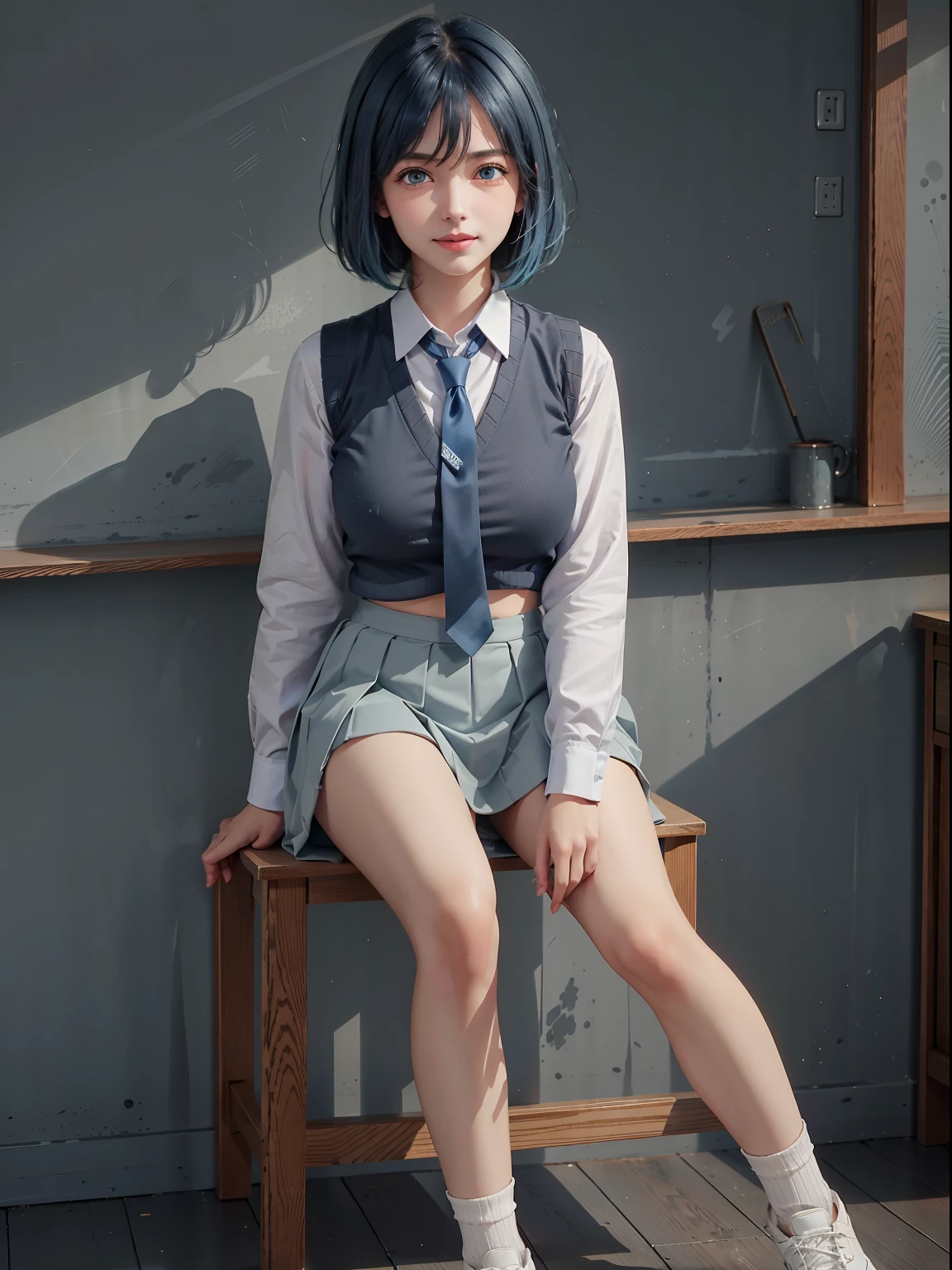 (Masterpiece: 1.3), Best Quality, Ultra High Resolution, 1girll, (big boobs:1.1), (blue hair, green eyes, bangs, short hair) ((girl akanekurokawa )) pe rfect eyes, has an extremely sexy body, with full breasts and a thin waist, and an extremely sexy body, skirt, socks, sneakers, shoes, white footwear, black socks, pleated skirt, kneehighs, white shirt, blue necktie,  long sleeves, vest, collared shirt,  ,has a bold look. young, quality, Ultra high Detail, realistic, cute expression, shy smile, calm, convenience store, street, c ity, (sit down)