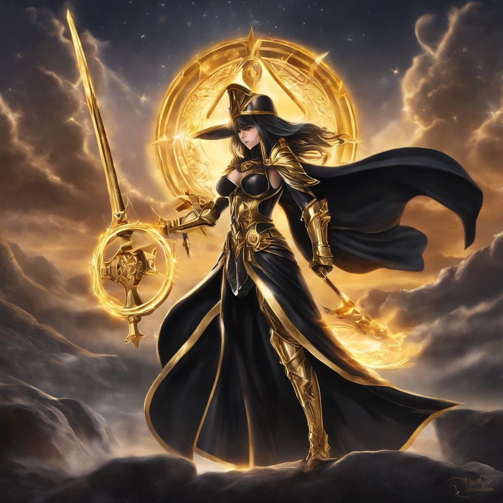 Dark Magician Girl:Illustration of 1 "Saint Seiya" kosmos. In this scene、A black magician girl appears as a knight of the zodiac sign., Especially representing Scorpio wearing her cloth, Colored in gold and black tones、Designed in a style that reflects your zodiac sign. The background is a dramatic battlefield or an important location in the series.. The style is ultra-realistic, Accurately capture every detail of the knight and his cloth. This illustration is for a card game, Therefore, It must be dynamic and engaging., Capture the essence of the character and his zodiac sign.