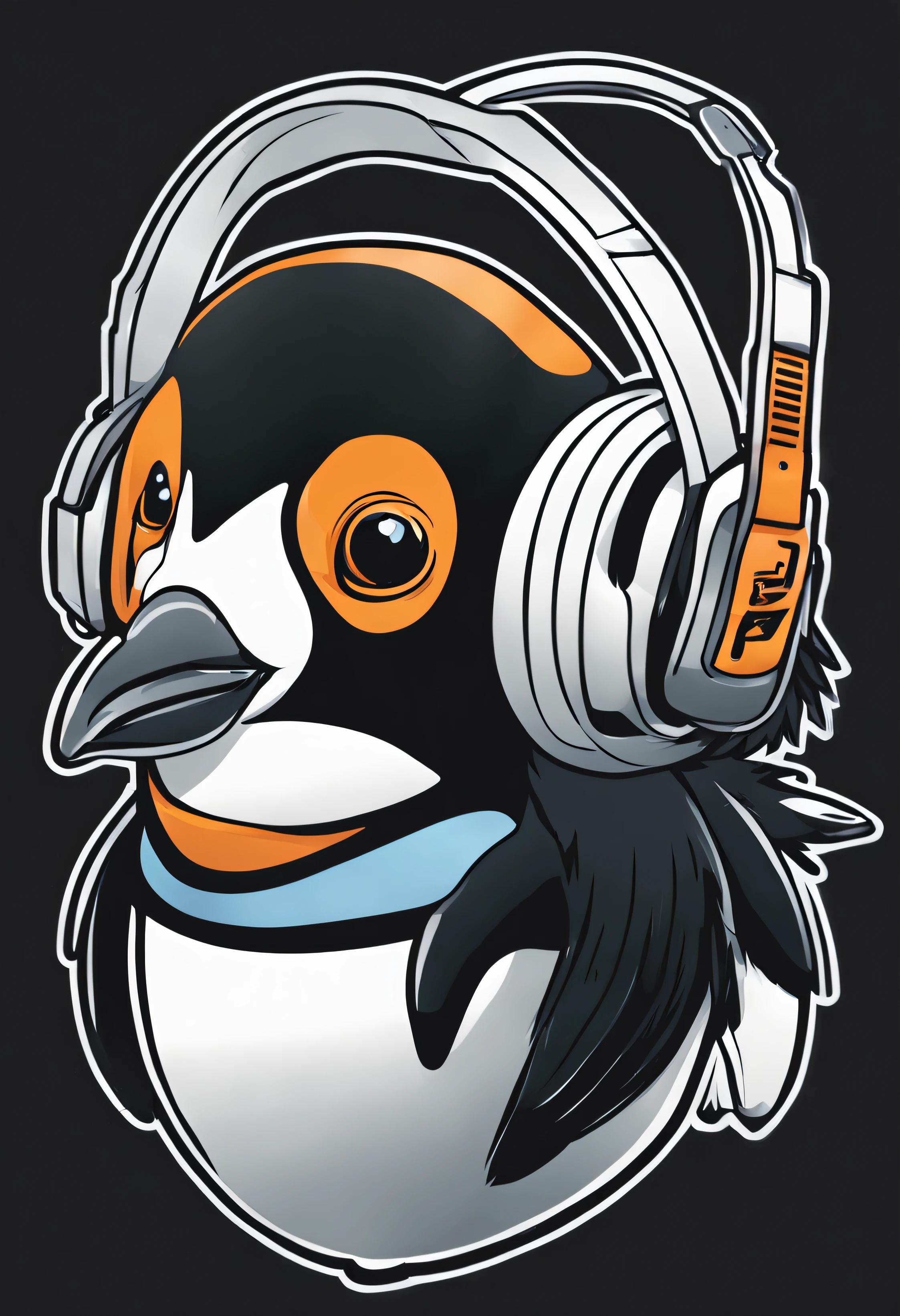 ((a sticker))、Illustration design for T-shirts、Vector image、Anthropomorphic penguins、cyberpunked、headphones