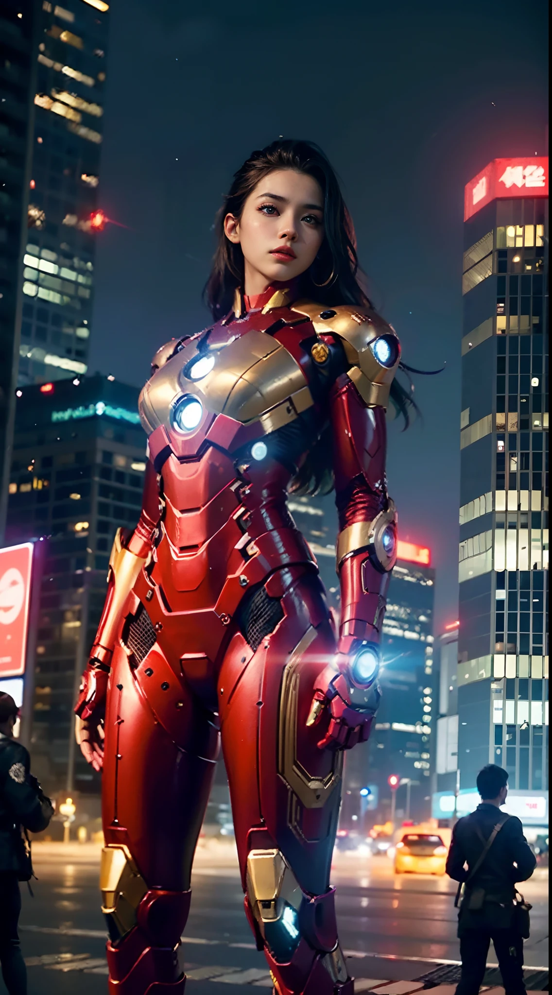 8k, realistic, attractive, highly detailed, a 20 year old girl a sexy and attractive woman inspired by Iron Man wearing a shiny Iron Man mech. She dresses with sexiness and confidence, perfectly interpreting Iron Man's strength and charisma. In a cyberpunk-style city night scene, a sexy and attractive woman takes Iron Man's cosplay as the theme. Wearing a shiny Iron Man mech, she stands on a street lined with tall buildings. The night lights of the city are bright, reflecting on her mecha, adding a sense of future technology. The surrounding buildings and streets are full of cyberpunk elements, such as neon lights, high-tech devices and futuristic architectural designs. The whole scene is full of futuristic and sci-fi atmosphere. This high-definition, high-quality picture will bring you stunning visual enjoyment, a perfect combination of sexy, futuristic and sci-fi elements. oc rendering, dramatic lighting, award winning quality