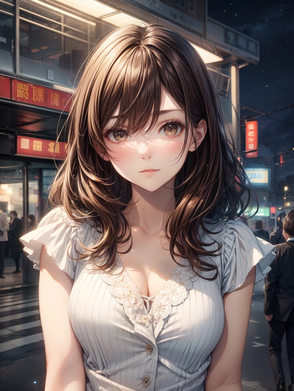 Best Quality, masutepiece, beautiful mature women、Beautiful face、Strong-minded woman、Office Suits、brown haired、Brown-eyed、Medium Hair、40 years、In front of the station、during night、In the dark、Drunk、Mellow eyes、bye-bye、wave her hand