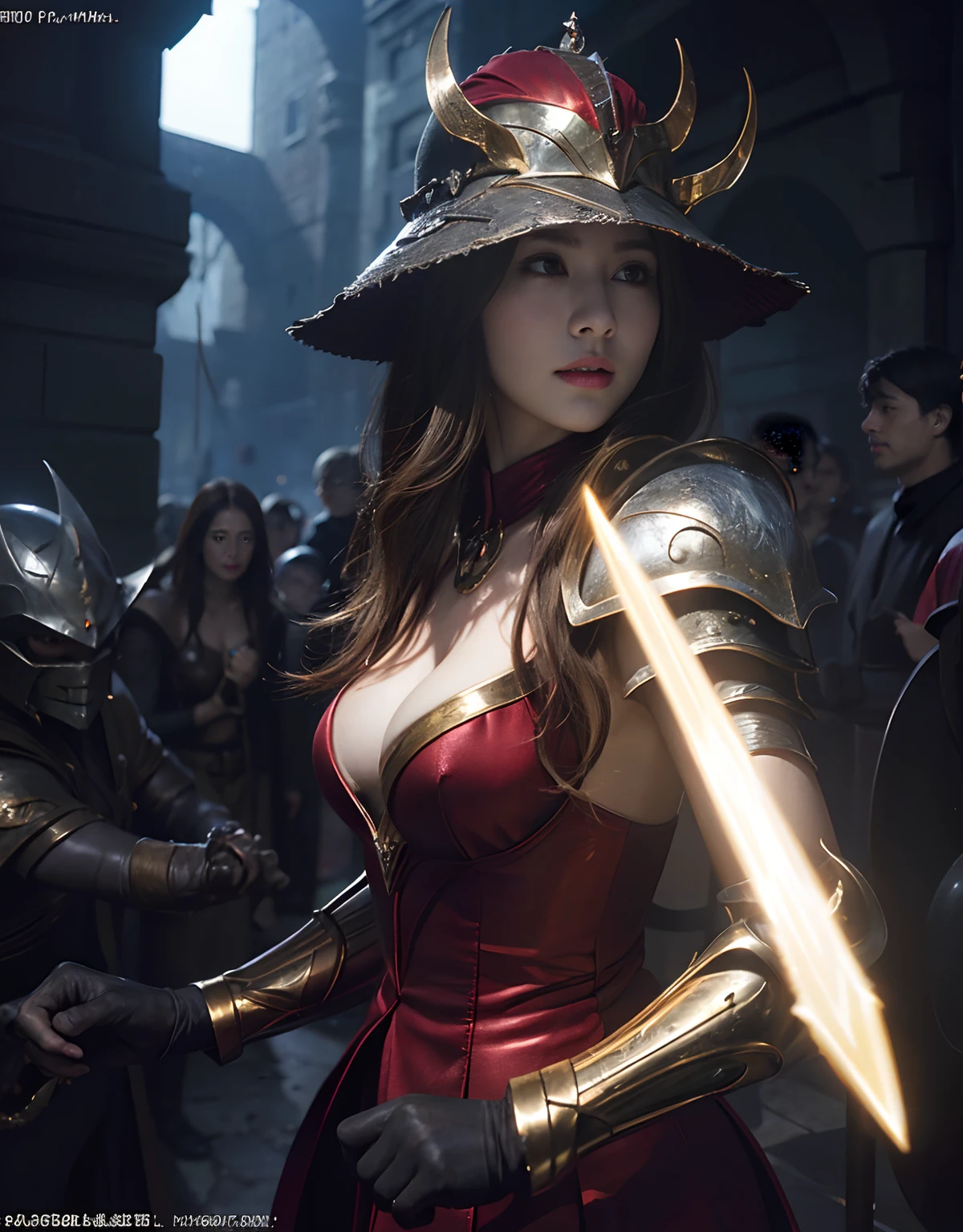 (One Knight Girl)、top-quality、masterpiece、超A high resolution、(Photorealsitic:1.4)、Raw photo、女の子1人、(Wear the Dark Knight's Armor)、glowy skin、(Random hair),(((Dark Fantasy)))、Fight with beautiful swords and shields、(((Mystical expression))),(((Have a gorgeous and long magic wand))),(Gorgeous gold metal body)、(Fight goblins、ogre、Fierce battle with orcs),(Fighting strong enemies)、Fight fiercely、(Background of decaying dungeon ruins)、(Ultimate Beauty)、(Detailed knight's helmet)、(Fighting Demonic Beasts)、(Wizard Hat)、((super realistic details))、portlate、(Strong giant demon beast background),globalillumination、Shadow、octan render、8K、ultrasharp、Colossal tits、Raw skin is exposed in cleavage、metals、Details of complex ornaments、Japan details、highly intricate detail、Realistic light、(Mystical expression),CGSoation Trends、Red Eyes、radiant eyes、Facing the camera)、Gundam、Small LED、Toostock、(Background of the mutation)、(Attack of the Monster Beasts)、Ultimate Beauty、beautiful female knight、Wear colorful armor、Detailed sword、(Wearing legendary armor)、