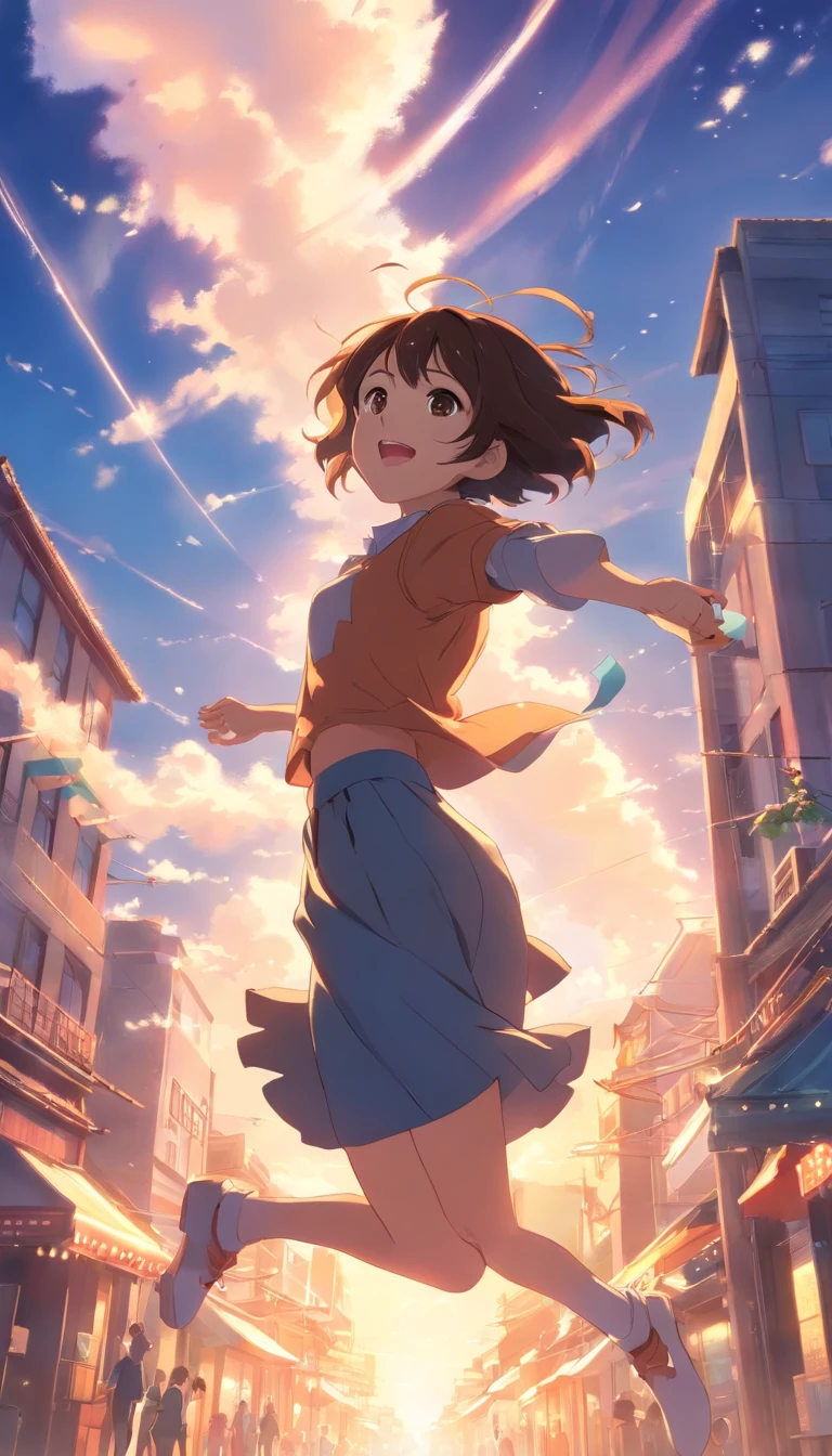 masterpiece、top-quality、Movie stills、1girl in、Cloud Girl、floating in sky、a closeup、发光、Happiness、Warm and soft lighting、Street、(Spark:0.7)、Brown hair、dance、dance