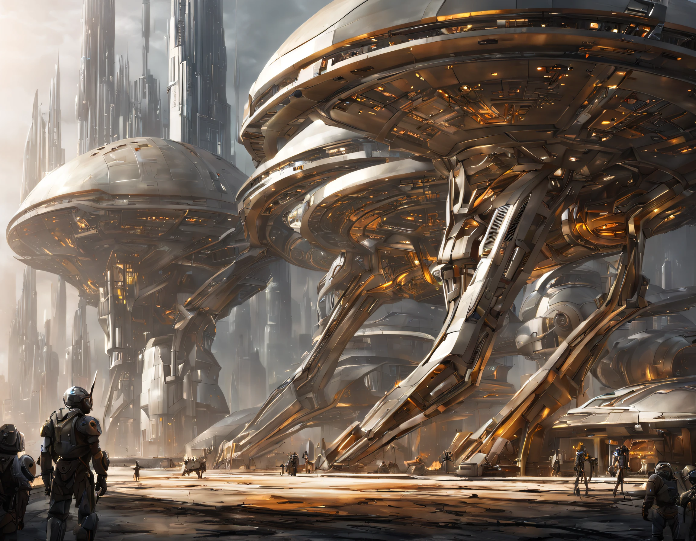 On an unknown planet there is a futuristic city with immense buildings of technological design, con estructuras acristaladas en plata, oro y bronce y maquinarias espectaculares en la que sobrevive un robot femenino espectacular. con colores vivos.