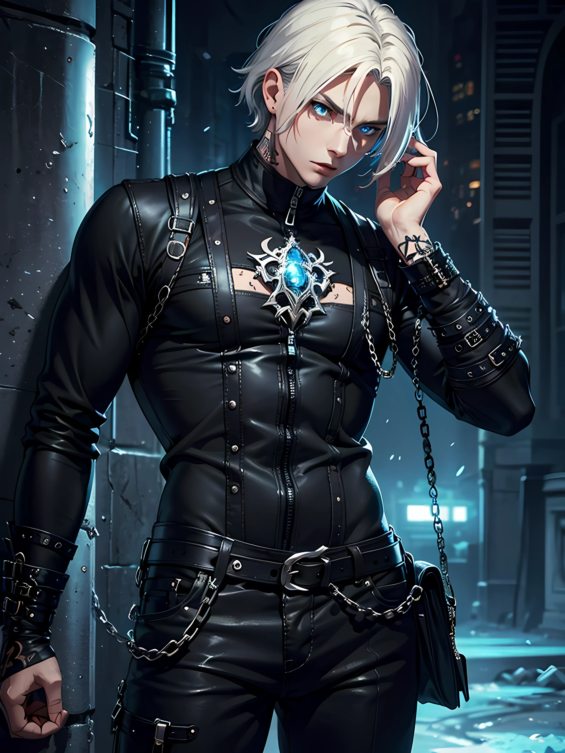 Top quality, Photorealistic, 8K, High Definition, absurd res, high res, ultra sharp, masterpiece, (masterpiece), best quality, expressive eyes, perfect face, Super eyes, masterpiece, highly detailed exquisite character art, epic fantasy digital art style, detailed digital 2d fantasy art, ultra-realistic, male goth, slim male, skinny male body, arm tattoo, Black Slim Fit Zip Stud Side Chain Eyelet Gothic Rock Trousers, Black Stand Neck Front Ruffled Webbing Embellishment Gothic Loose Fitting Shirt, feminine male,
