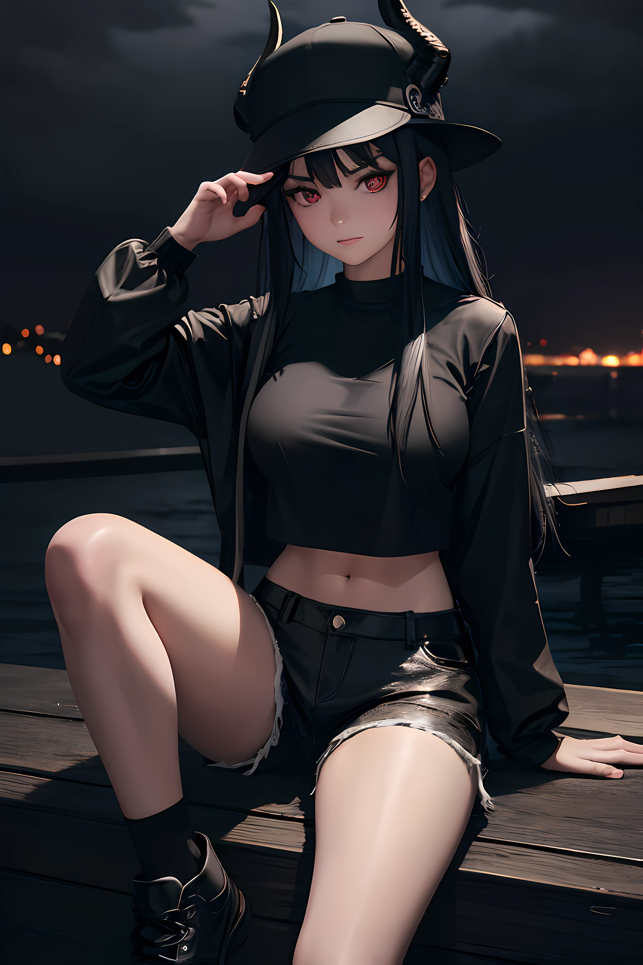 1girl, black footwear , black shirt , black shorts ,blue hair , boat , dragon girl , dragon horns , grey sky , hat ,horns , knee up , long hair , outdoors , overcast , rain, ,red eyes , scenery, shirt , shoes , shorts , sitting , sky , solo , watercraft, very big breast, 8k, flawless, clean, masterpiece, professional artwork, famous artwork, cinematic lighting, beautiful face, beautiful eyes, narrow waist,masterpiece, best quality