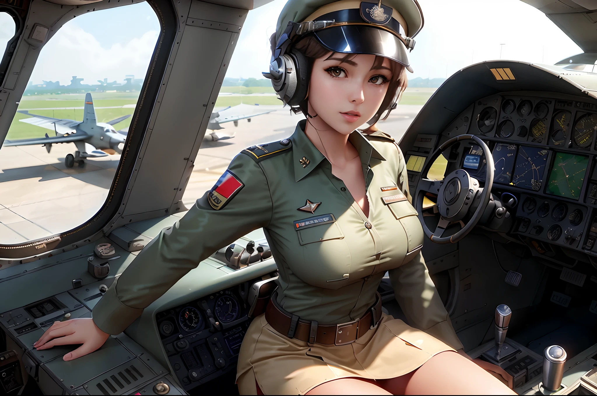 arafed female in a military uniform sitting in a helicopter, perfect military composure, up close shot, cute pilot girl, alena aenami and artgerm, extremely detailed artgerm, beautiful digital artwork, close up shot, chris moore. artgerm, highly detailed digital artwork, wojtek fus, military girl