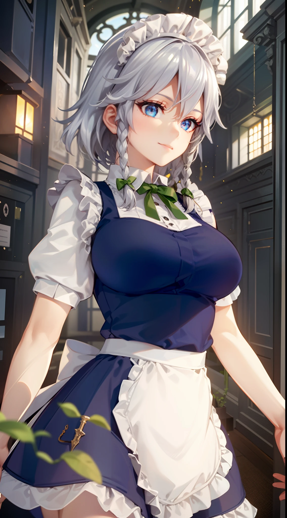 (Unity 16K Wallpaper, masutepiece, Best Quality, Ultra-detailed, extremely details CG, Cinematic lighting, Detailed, Beautiful detailed eyes, Solo),超A high resolution,Fine skin,A sexy,maid, maid apronl, Maid headdress,Knives,Seductive smile,From below,stylish pose,Floating hair, Wind, Indoors,