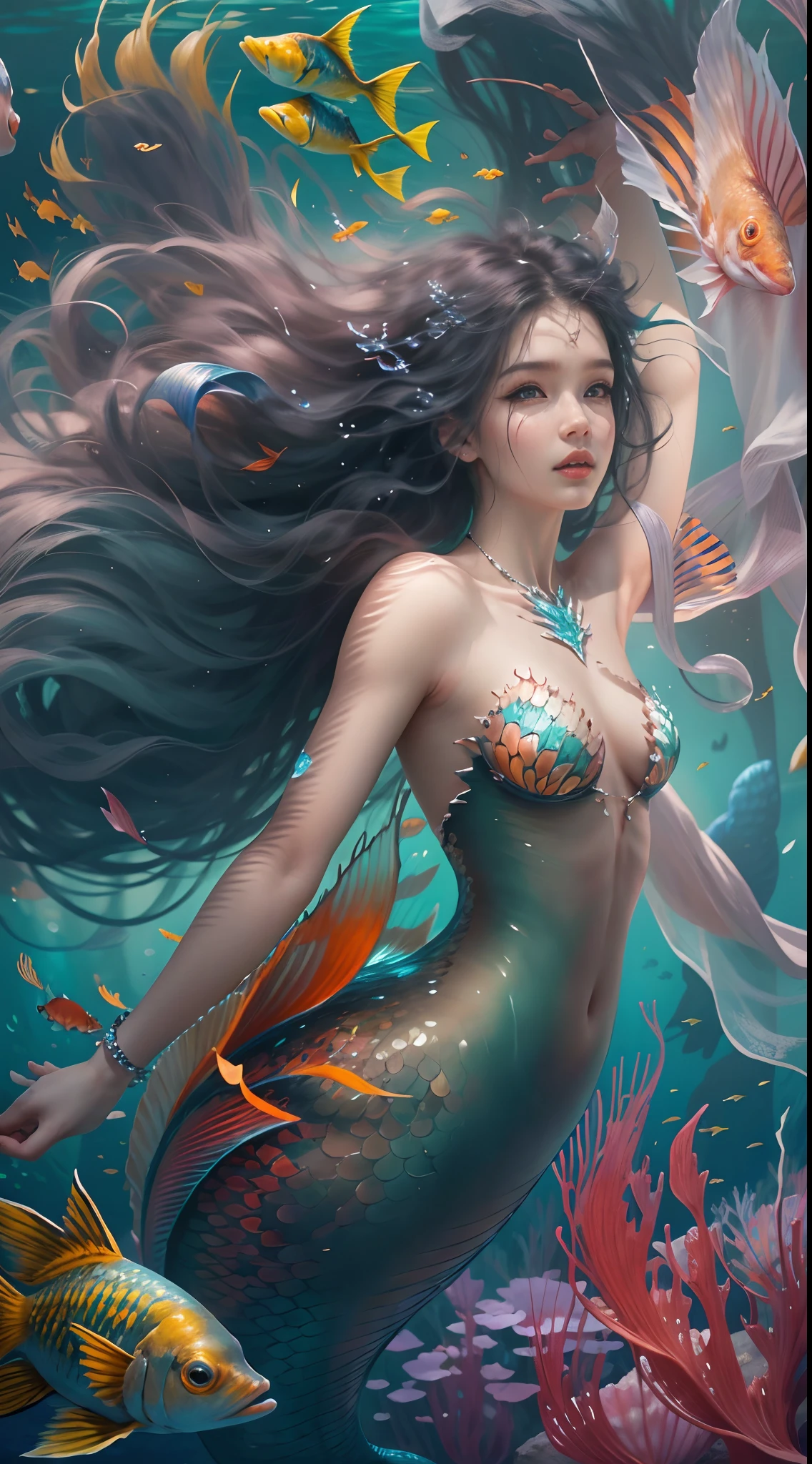 Best quality,4K,8K,A high resolution,Masterpiece:1.2,Ultra-detailed,Realistic:1.37,marine,(Elegant mermaid,Beautiful detailed eyes,beautiful detailed lips,long and flowing hair,Fish tail,Seamless integration,Ethereal beauty,peacful,Masterpiece:1.2),tropical fishes,Floating jellyfish,Colorful coral reefs,Underwater world,Diverse marine life,Vast seabed。Vibrant colors,dreamlike lighting,Phantom creatures,Fantastic environment,Mythical beauty,A fascinating underwater kingdom。