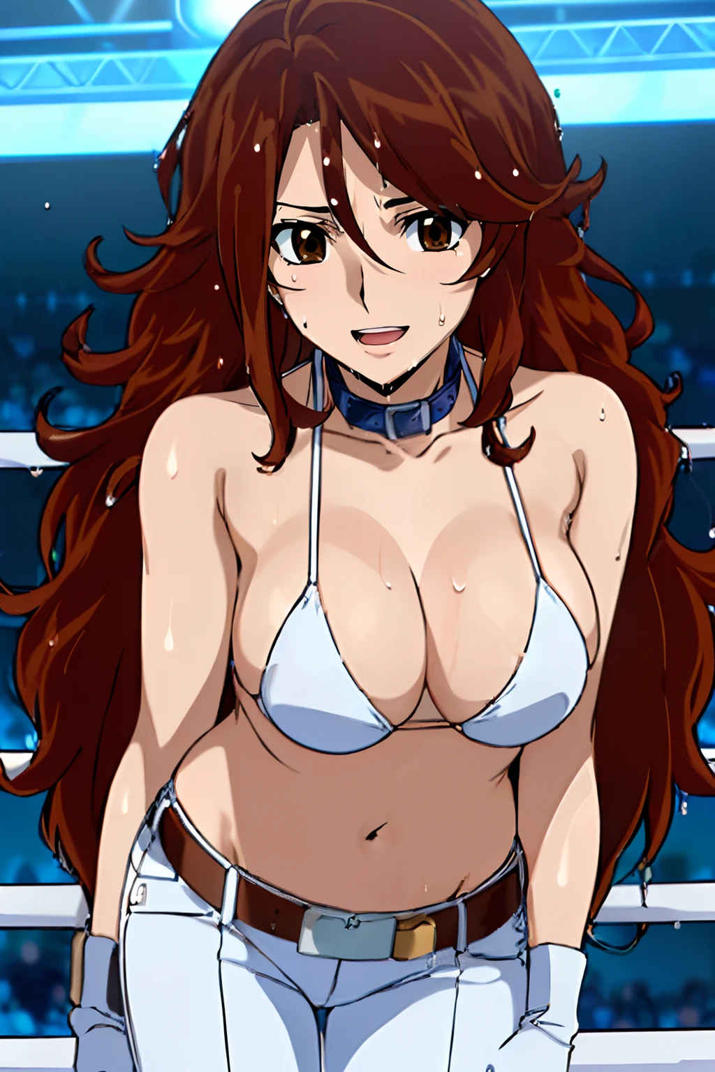 curvy midsection, solo, 1 girl, ultra toned arms, sweating, sweaty body, tired, smile, breathing heavily), (detailed titration screen, upper body only, anime style: 1.8, anime drawing, ultra detailed face, ultra detailed body, 4k, Sumergai Lee Noriega, (standing), best quality, anime style, hires, highest definition, digital blending, bold drawing lines, ((wwe diva), (location: wrestling arena, crowds watching), ( slim body, (little biceps), , off-shoulders, closed fists, (very curvy: 2.8)), ((white bikini only, jeans, white gloves, collar, hand protector, (champion belt on bare belly))), (pale skin, big breasts, widely open mouth, teeth), (big eyes, brown eyes), (leaning forward), (wet hair, brown hair, loose hair, curly hair, wavy hair, long hair, missy hair), 27 years old,