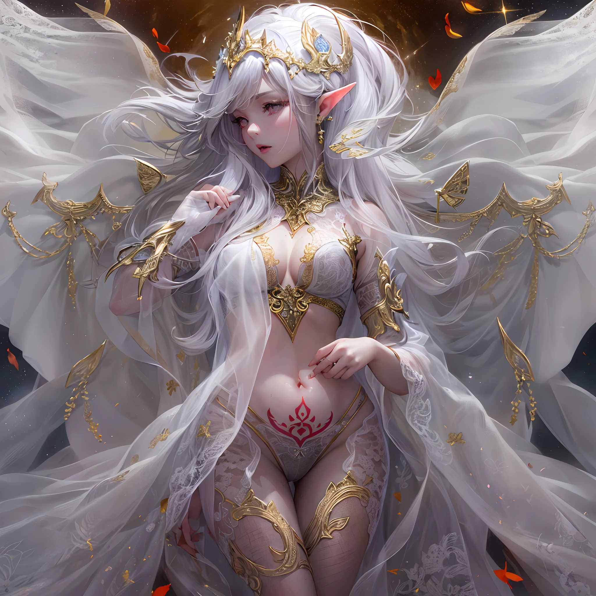 Sisters, Milky Way, Crescent Moon, Meteor Shower, Silver Hair, Feathered Angel Wings, Elven Ears, Transparent Finish, Realistic Body Lines, (((Many long white lace veils flutter in the wind))),((Red tattoo with womb under the navel))))), (Silk gold and silver lingerie), ((((Dirty crest)))