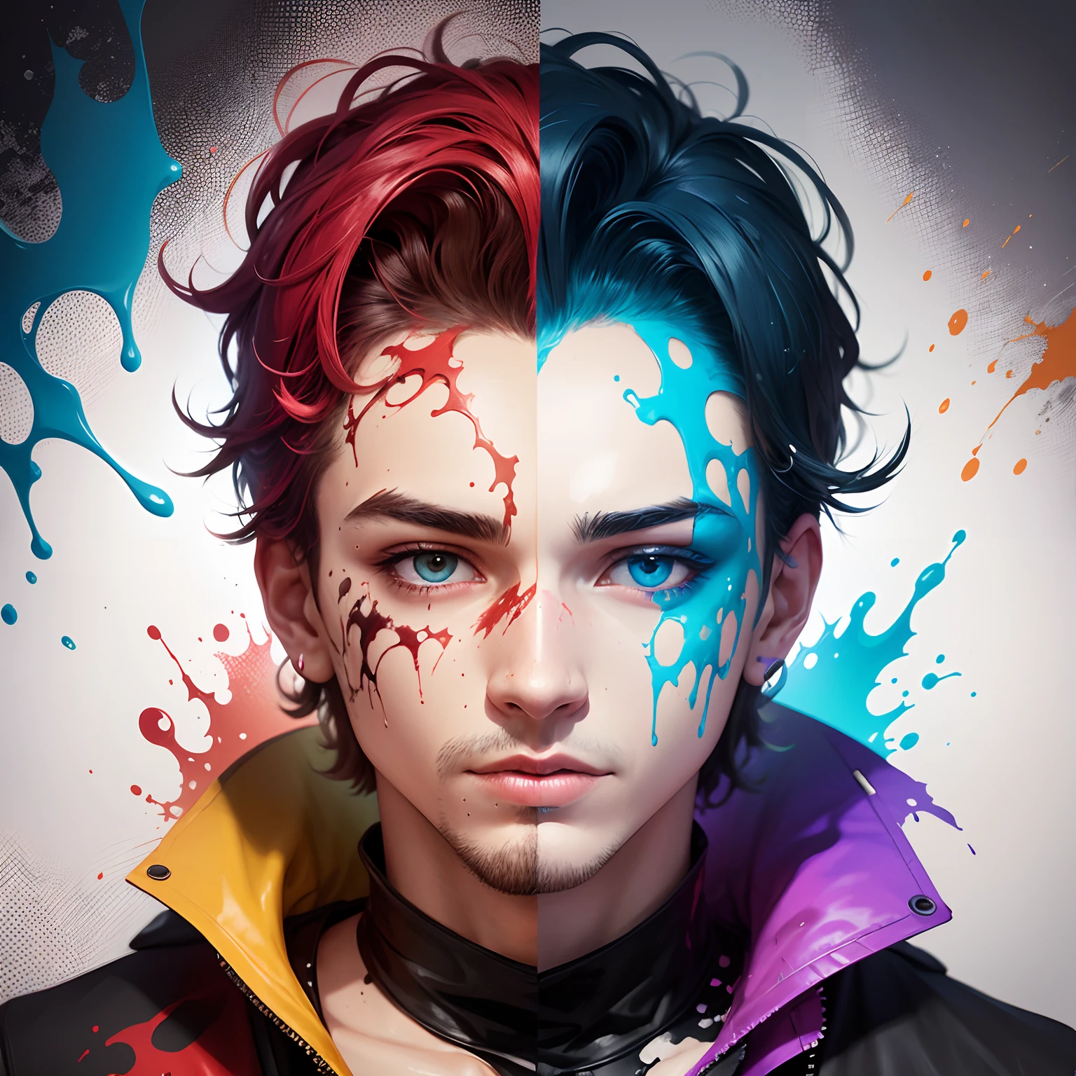 Design a TikTok profile picture with a man with half his face transformed into liquid splattered with vibrant colors. Capture the essence of your face merging with the painted tones, creating a visually captivating and artistic effect
