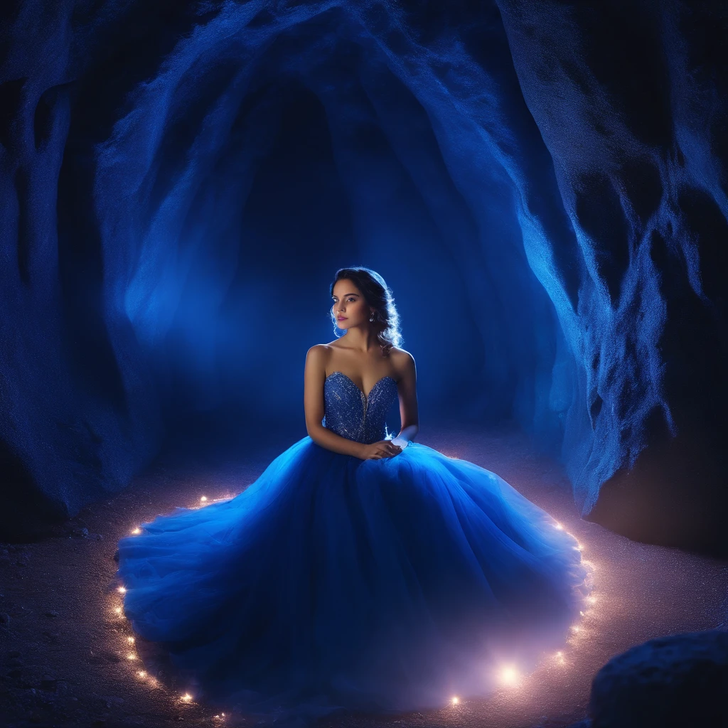 Beautiful girl、Looks like a princess in a dark blue dress in a dark blue crystal cave with neon lights in blue color