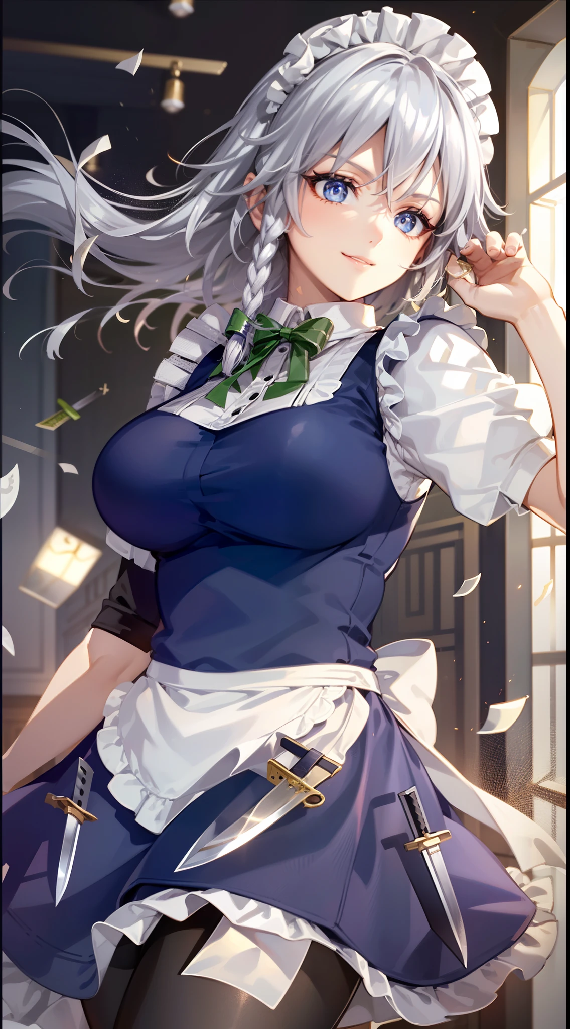 (Unity 16K Wallpaper, masutepiece, Best Quality, Ultra-detailed, extremely details CG, Cinematic lighting, Detailed, Beautiful detailed eyes, Solo),超A high resolution,Fine skin,A sexy,maid, maid apronl, Maid headdress, blush,from below,throwing a knife,floating hair, indoors, wind, indoors, spread legs, Panty shot , showing underwear, ahegao, blush, sweat, open mouth, rolling eyes, tears, tongue out, gigantic breasts,