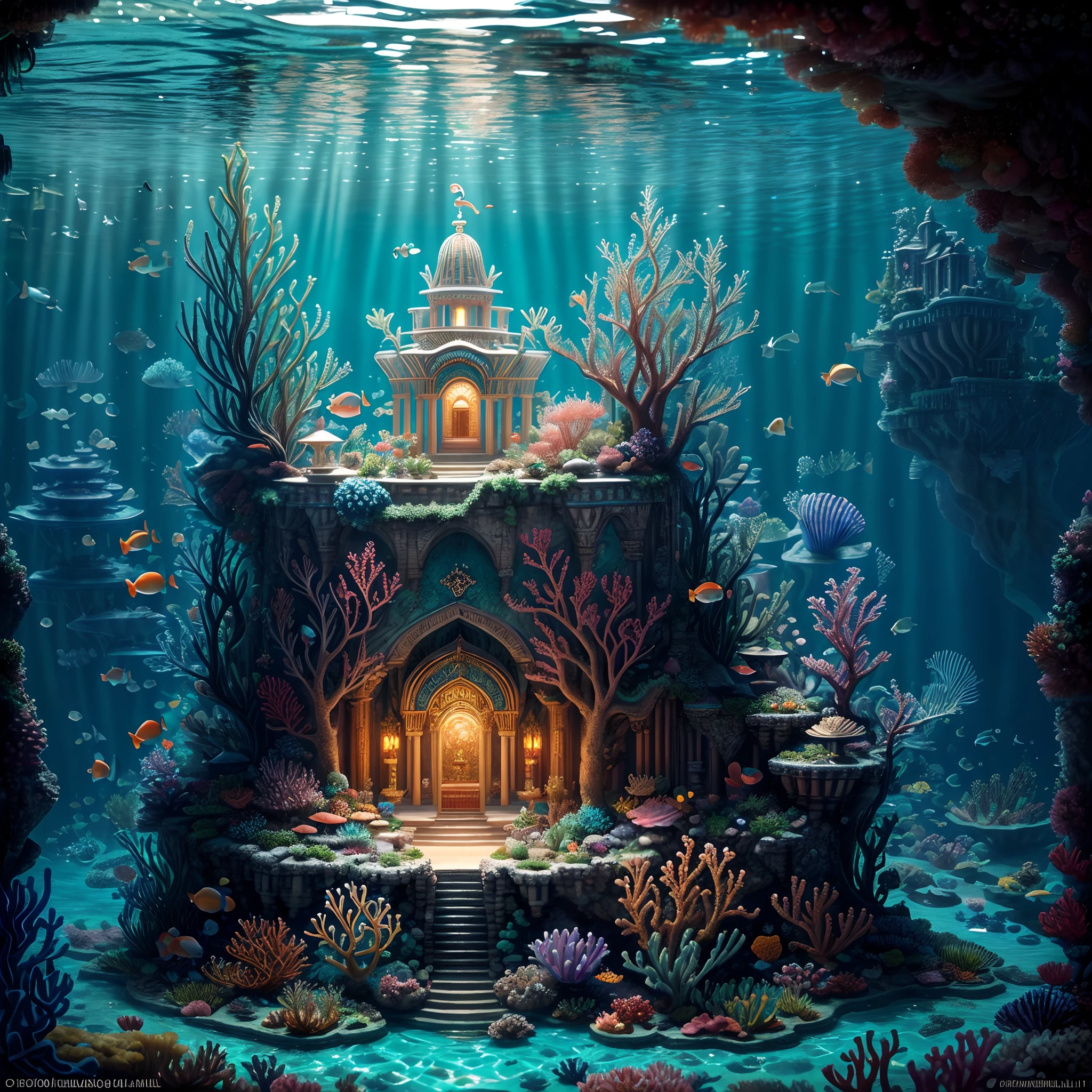(Best quality,8K,A high resolution,Masterpiece:1.2),hyper-detailing,(Realistic,Photorealistic,photo-realistic:1.37),an underwater city，Glowing coral, aquatic plants, Elegant fish，Cute dolphins，Surrounded by beautiful clownfish, Vortex of current, The corals, seaweed, Vibrant colors, (Brightly lit,Illuminated) scene, Gorgeous shell throne, Cute Little Mermaid Queen, Detailed face, Decorated with pearl and shell jewelry，(The mysterious Royal Palace of Atlantis：1.4)，1.4x realism，high qulity，Rich background, Realistic painting style, Style expressions
