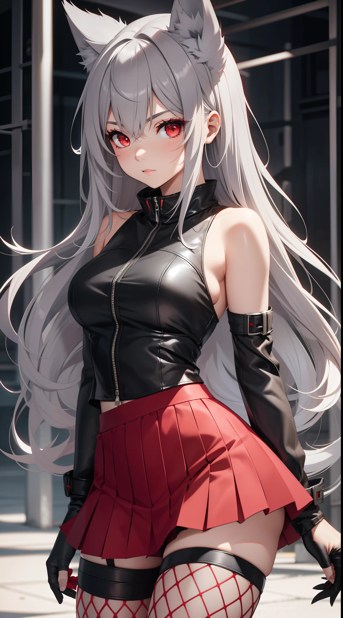 adult girl, Gray hair of medium length, red eyes, wolf ears, Red tight top, Sleeveless, fishnet tights, leather skirt, Masterpiece, hiquality