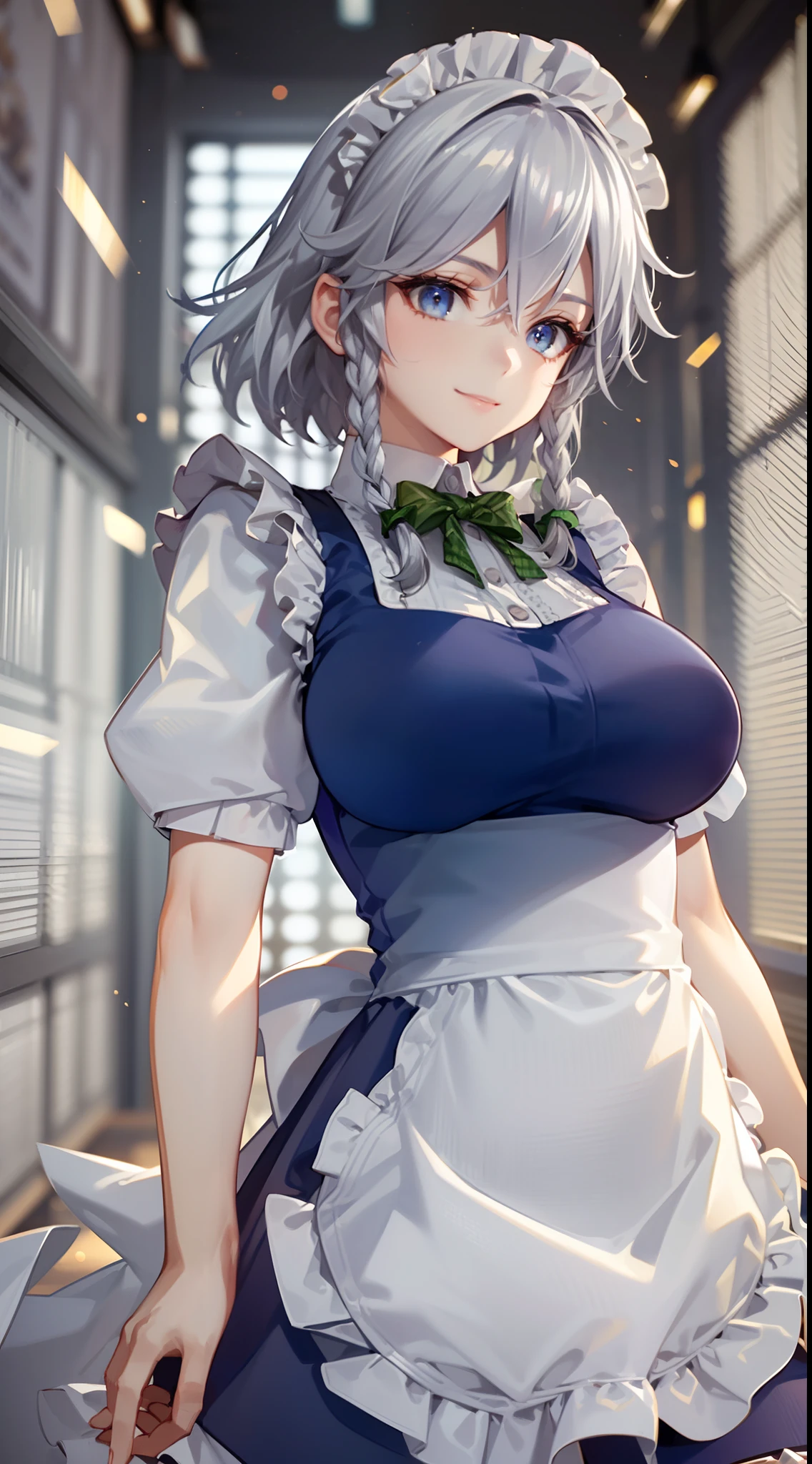 (Unity 16K Wallpaper, masutepiece, Best Quality, Ultra-detailed, extremely details CG, Cinematic lighting, Detailed, Beautiful detailed eyes, Solo),超A high resolution,Fine skin,A sexy,maid, maid apronl, Maid headdress,Knives,Seductive smile,From below,dynamic pose,Floating hair, Wind, Indoors,