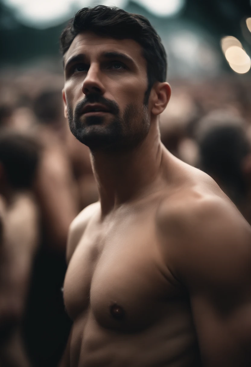 Man is the only nude person in a crowd of clothed gawkers