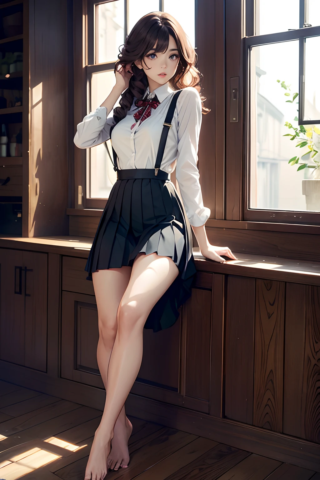 a beautiful  woman，，sexy for，Wear suspenders，Wearing a pleated skirt，eyes looking at the lens，Pick and dye long, curly hair，Barefoot