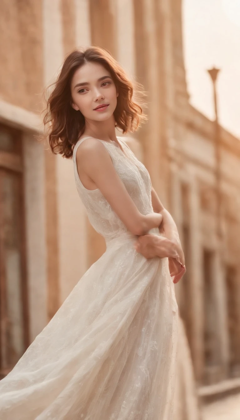 masterpiece、top-quality、Movie stills、1girl in、Cloud Girl、floating in sky、a closeup、发光、Happiness、Warm and soft lighting、Street、(Spark:0.7)、Brown hair、dance、dance